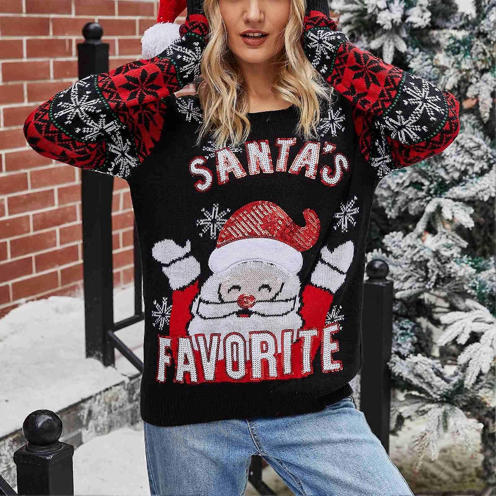 GPB Women Christmas Sweater Fashionable Cute Crew Neck Snowflake Father Christmas Pattern Women Knitted