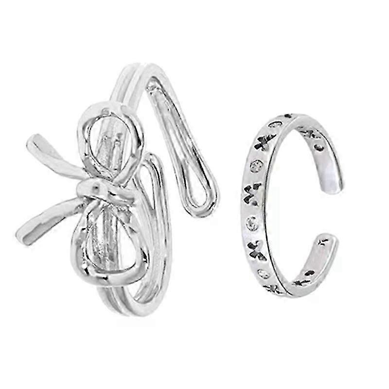 Adjustable Open Bowknot Rings, 2Pcs Stackable Thumb Open Rings Set, Adjustable Size, Silver