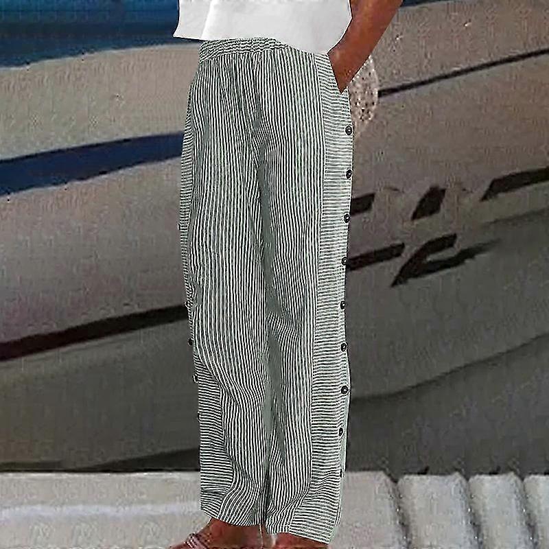High Waist Straight Pants with Striped Design and Side Button for Women