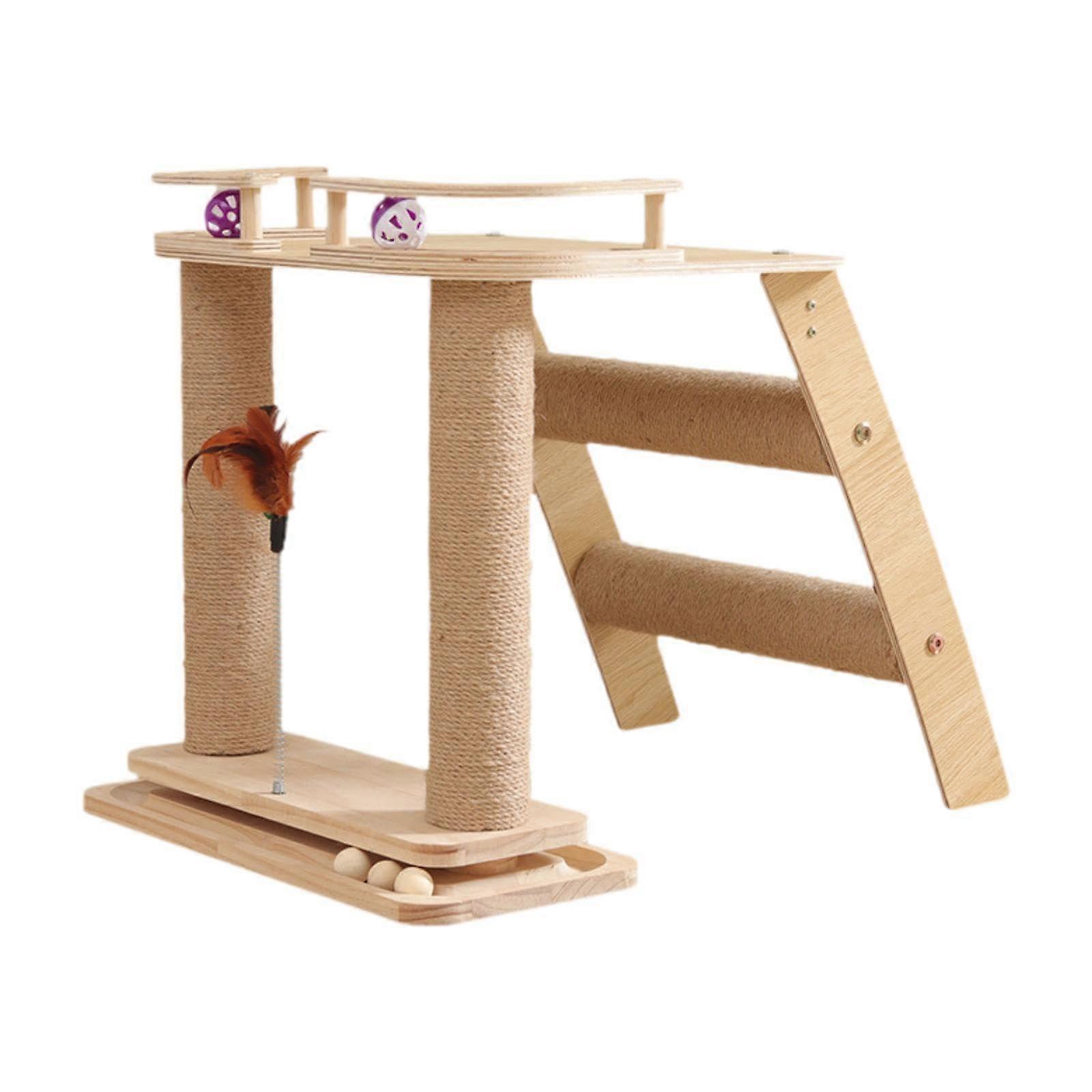 Cat Scratching Post Interactive Toy With Stairs, Wooden Ball Track, Indoor Exercise And Play, Wood Construction