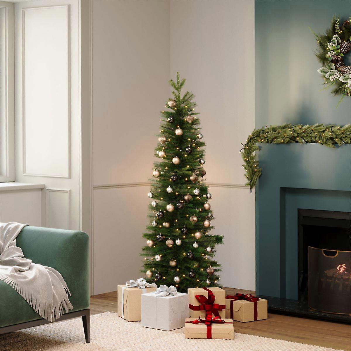 CHARLES BENTLEY 6ft Pre-Lit Faux Pencil Christmas Tree, 180cm, Warm White Plug-In LED Lights, Artificial Tree, Realistic Green Branches, Space-Saving Design, Indoor Use, Easy Assembly, Reusable Decor