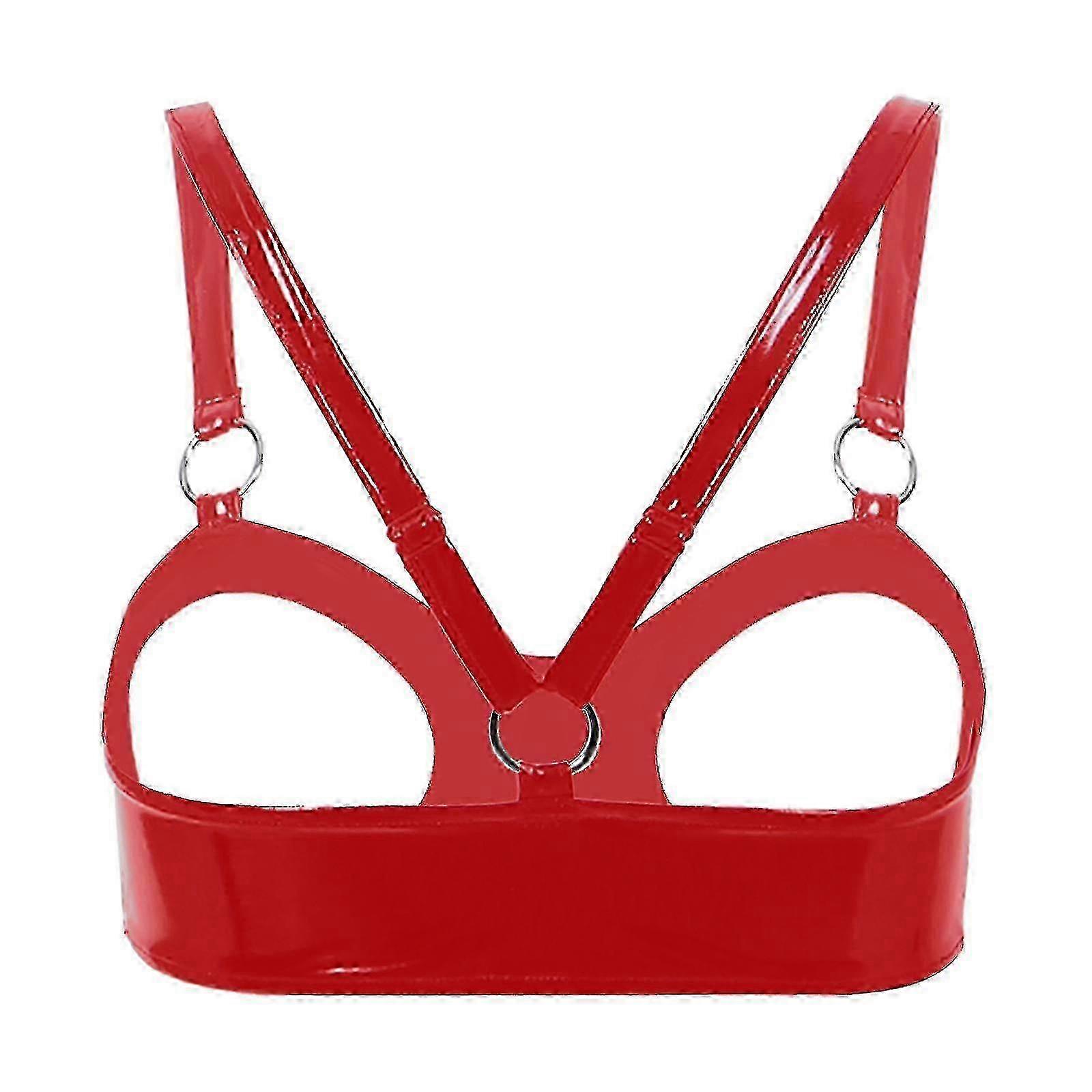 Otwoo Womens Wet Look Patent Läder BH Underkläder Halter Halta Halta Hals Öppna Bröst Underkläder Bralette Underkläder Öppna Kupor Trådlösa Hylla BH Top