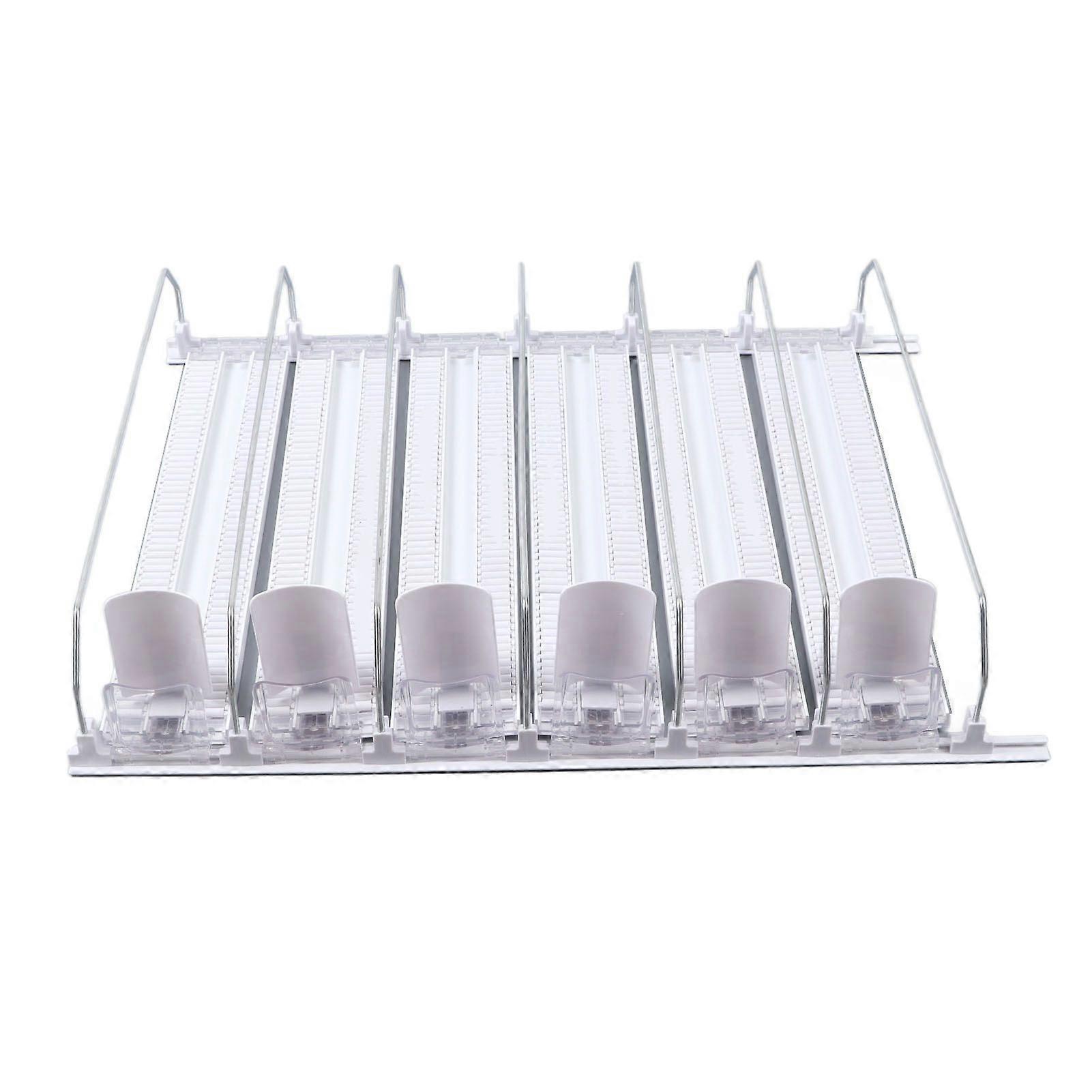 Self Pushing Drink Holder 6 Rows Adjustable Width Spring Loaded Easy Slide Large Capacity 15in Fridge Drink Dispenser White