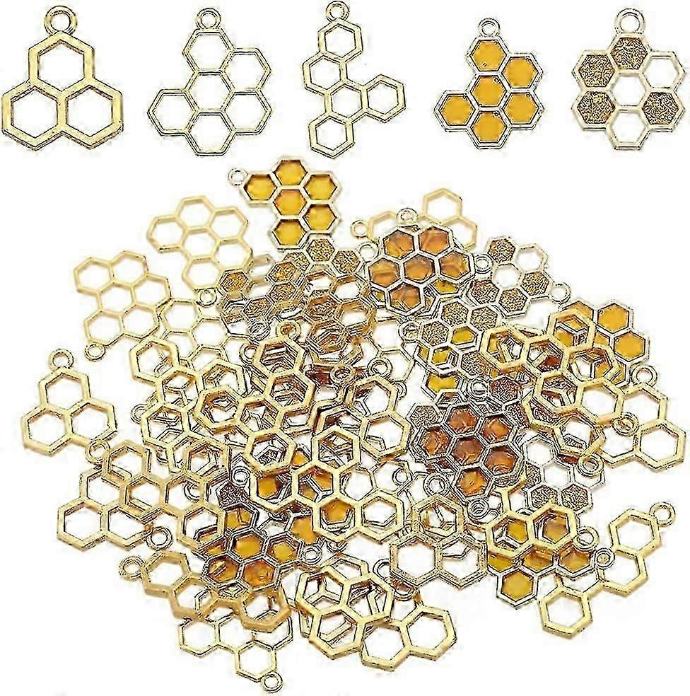 1Box 60Pcs 5Styles Bee Charms Honeycomb Charms Bulk Honeycomb Enamel Charm Mini Honeycomb Charm Hollow Sweet Honey Charms