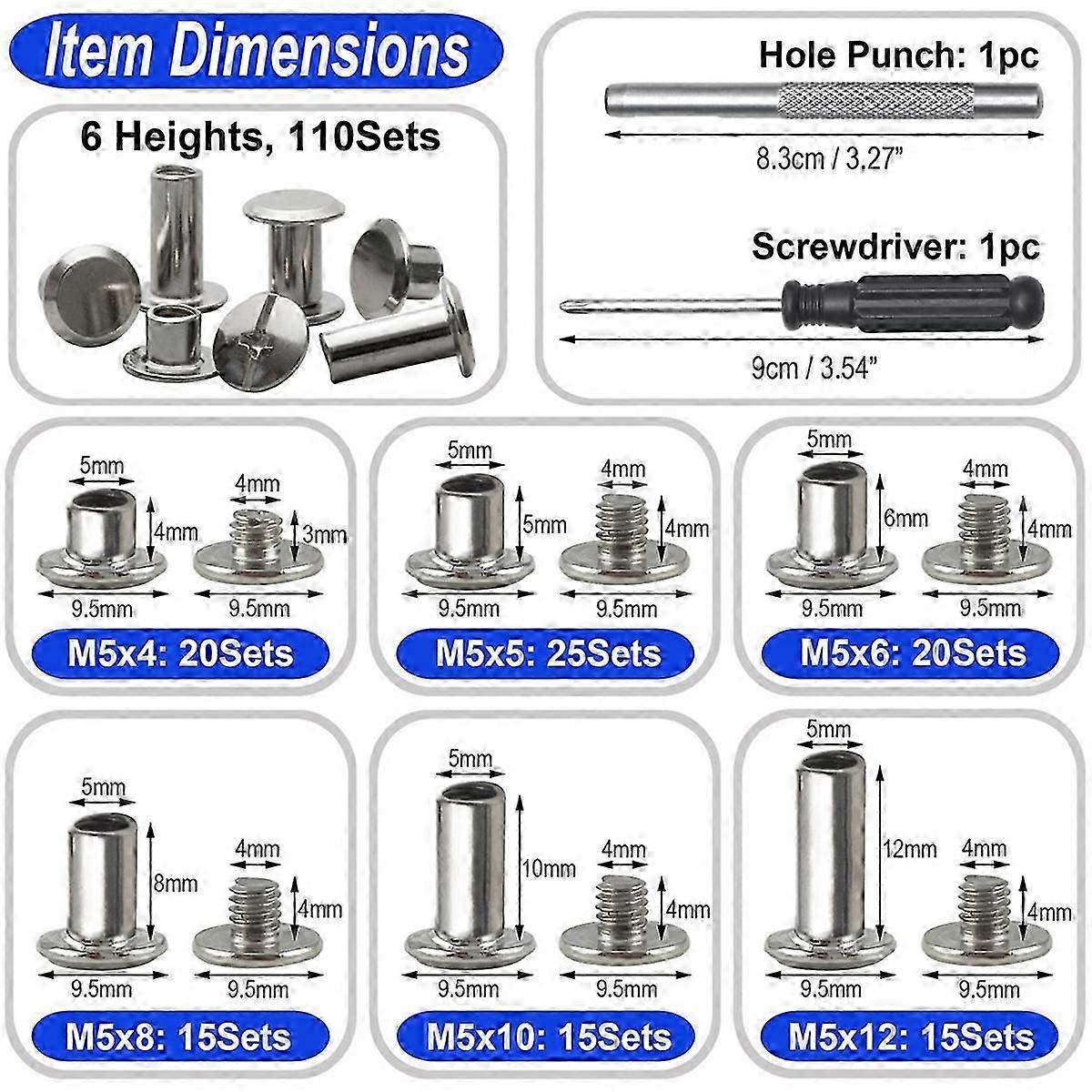 Chicago Screw Leather Rivets Assorted Screw Rivets M5 Chicago Binding Screws for Decorating PU Craft