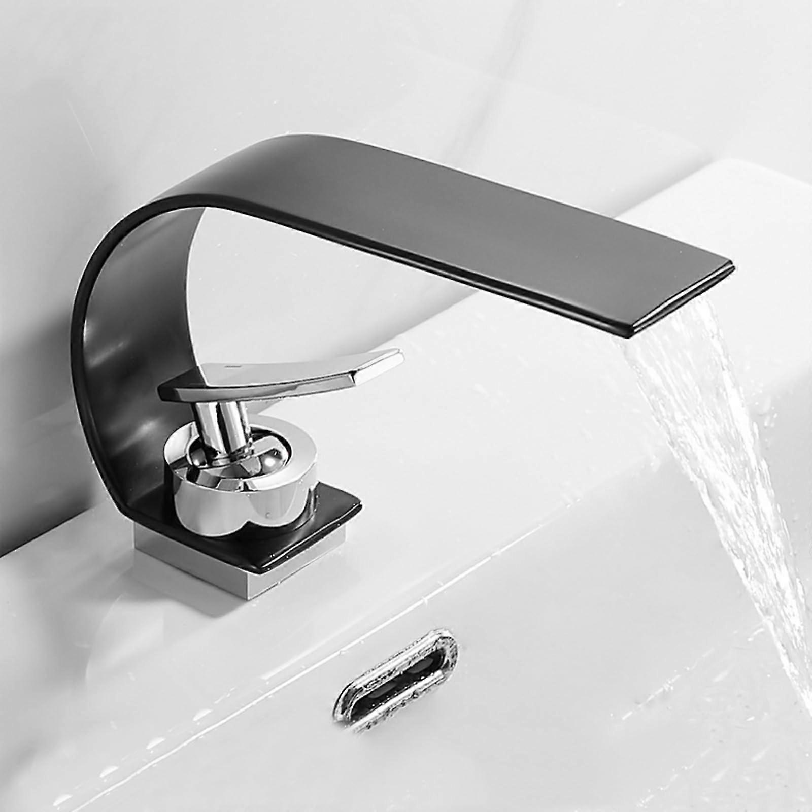 Basin Faucets Waterfall White Finish Bathroom Faucet Hot and Cold, Single Handle Basin Mixer Tap, Black Chrome Accents