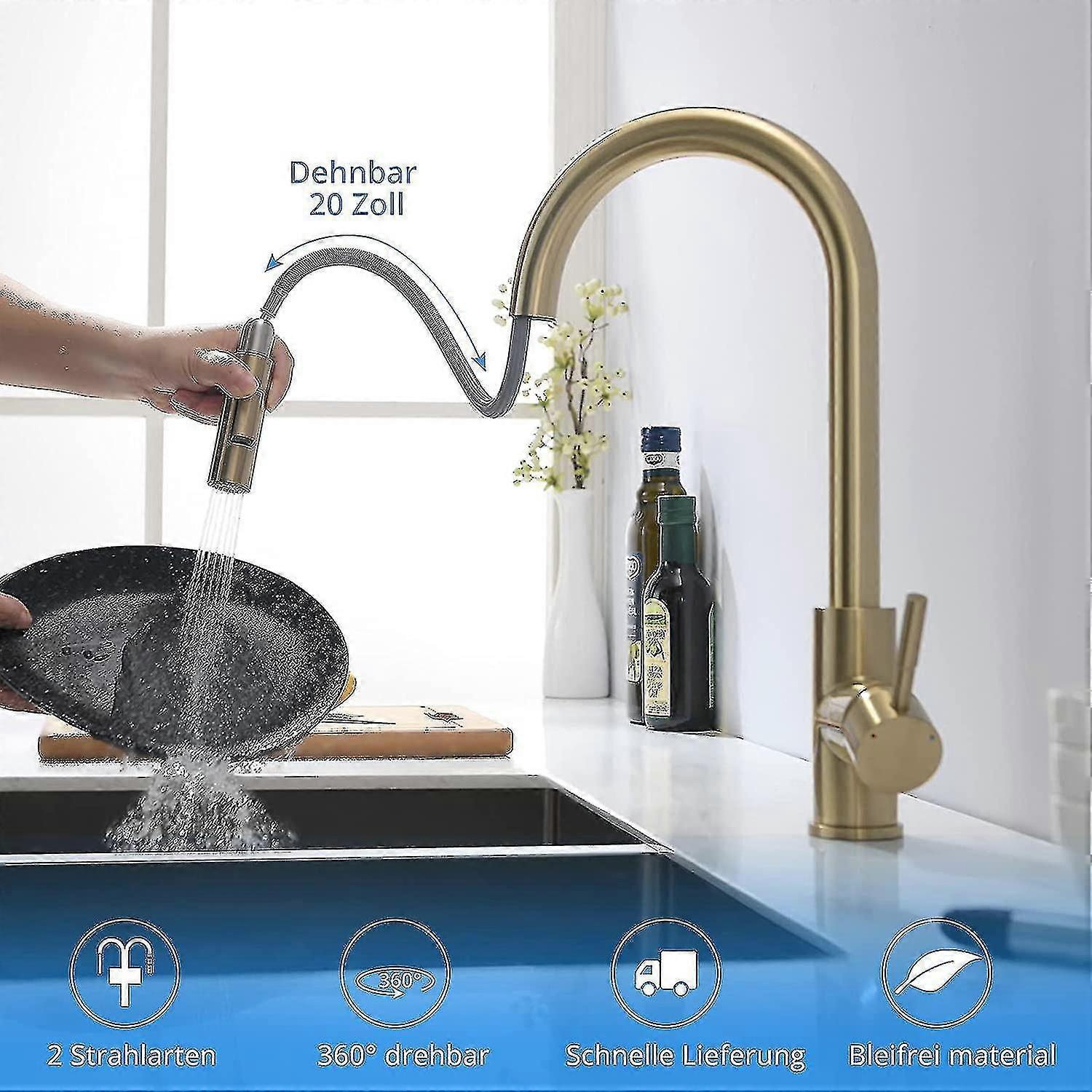 ブラッシュドゴールドキッチン蛇口プルアウトスプレー360スイベルキッチン