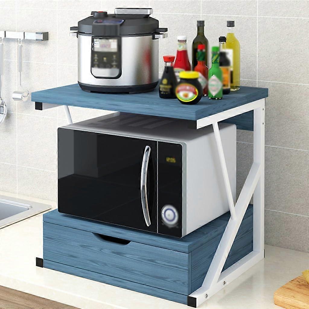 Countertop Microwave Stand With Drawer, 2Tier Storage Organizer For Kitchen And Office Blue