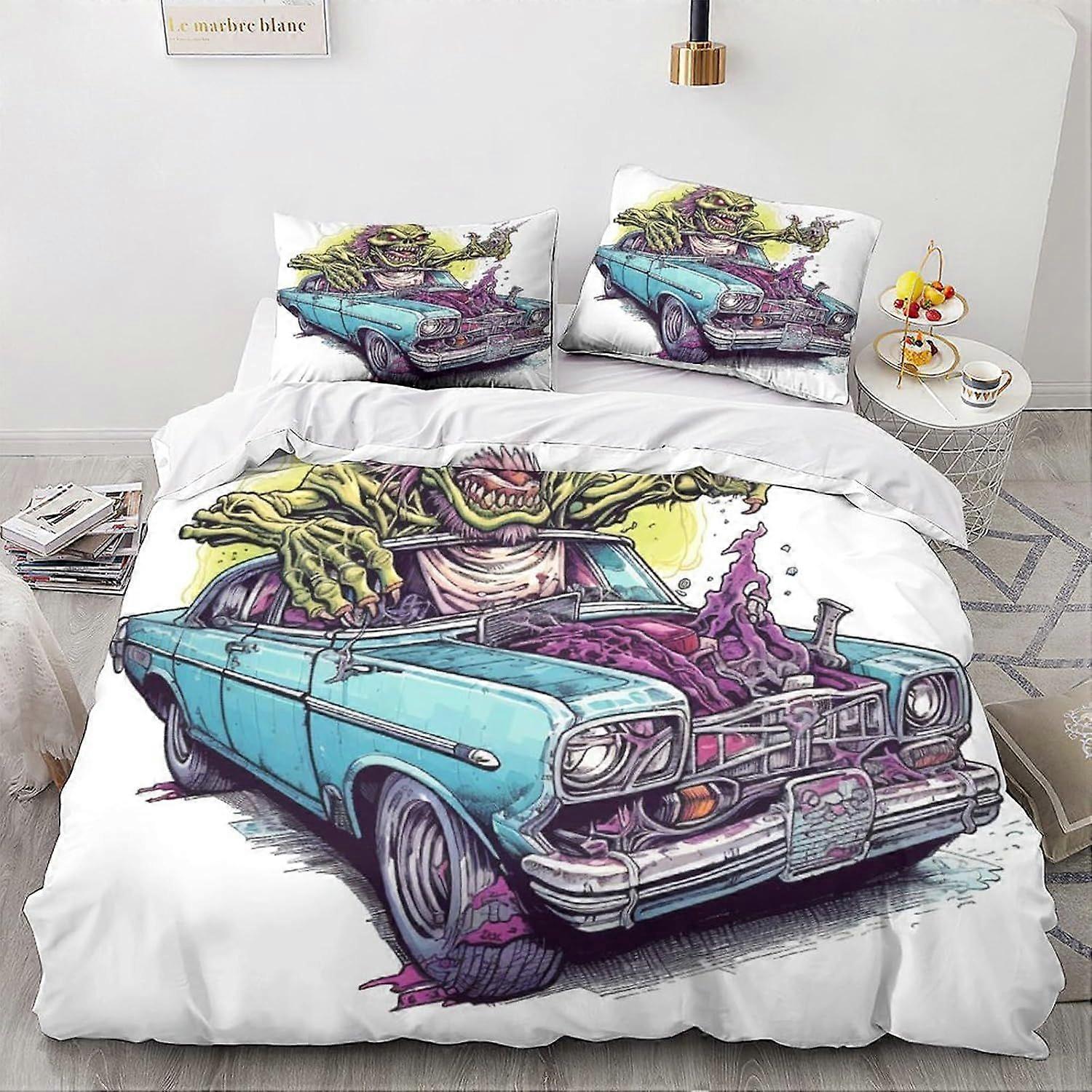 Monstro edredom Capa Dupla Cartoon Padrão Roupa de Cama Conjunto Soft Microfiber Vintage Car Quilt Cover com zíper Fechamento Duplo