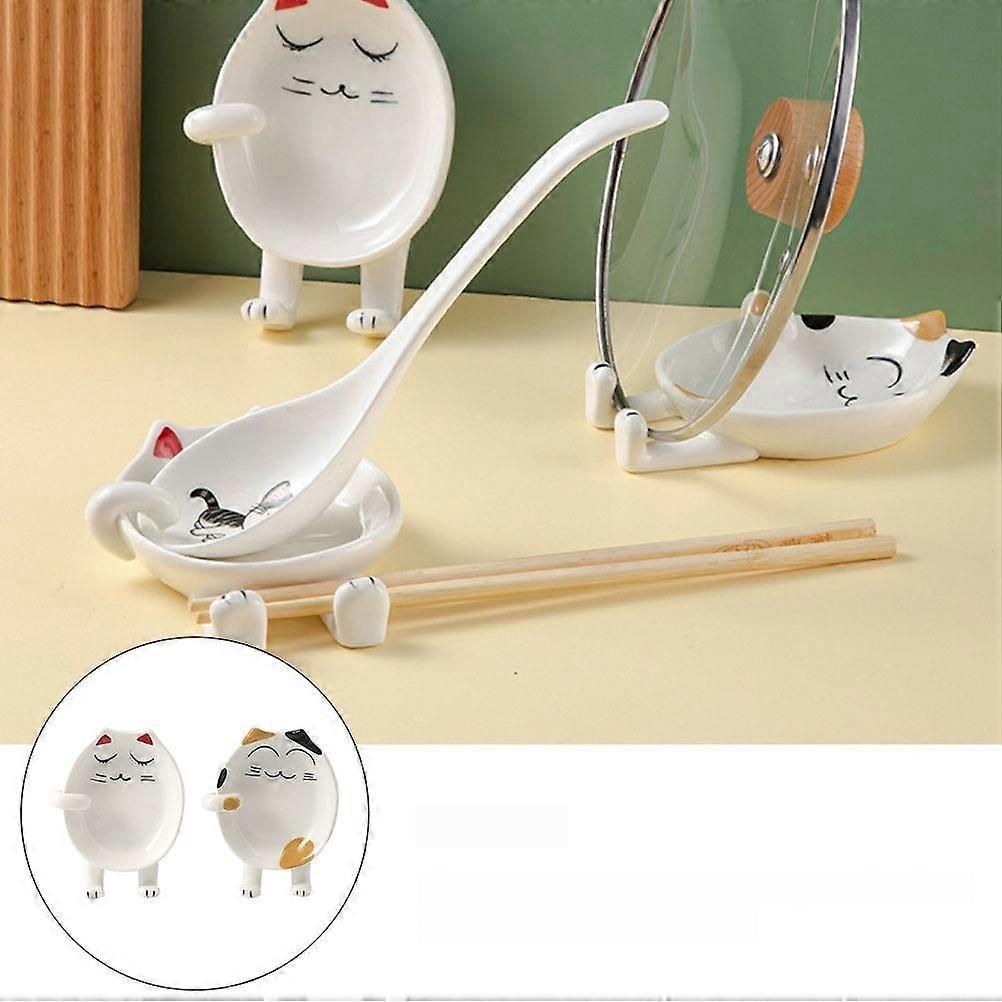 Ceramic Spoon Rest 2Pcs Cute Cartoon Cat Shape Adornment For Kitchen Assorted Color Practical Design