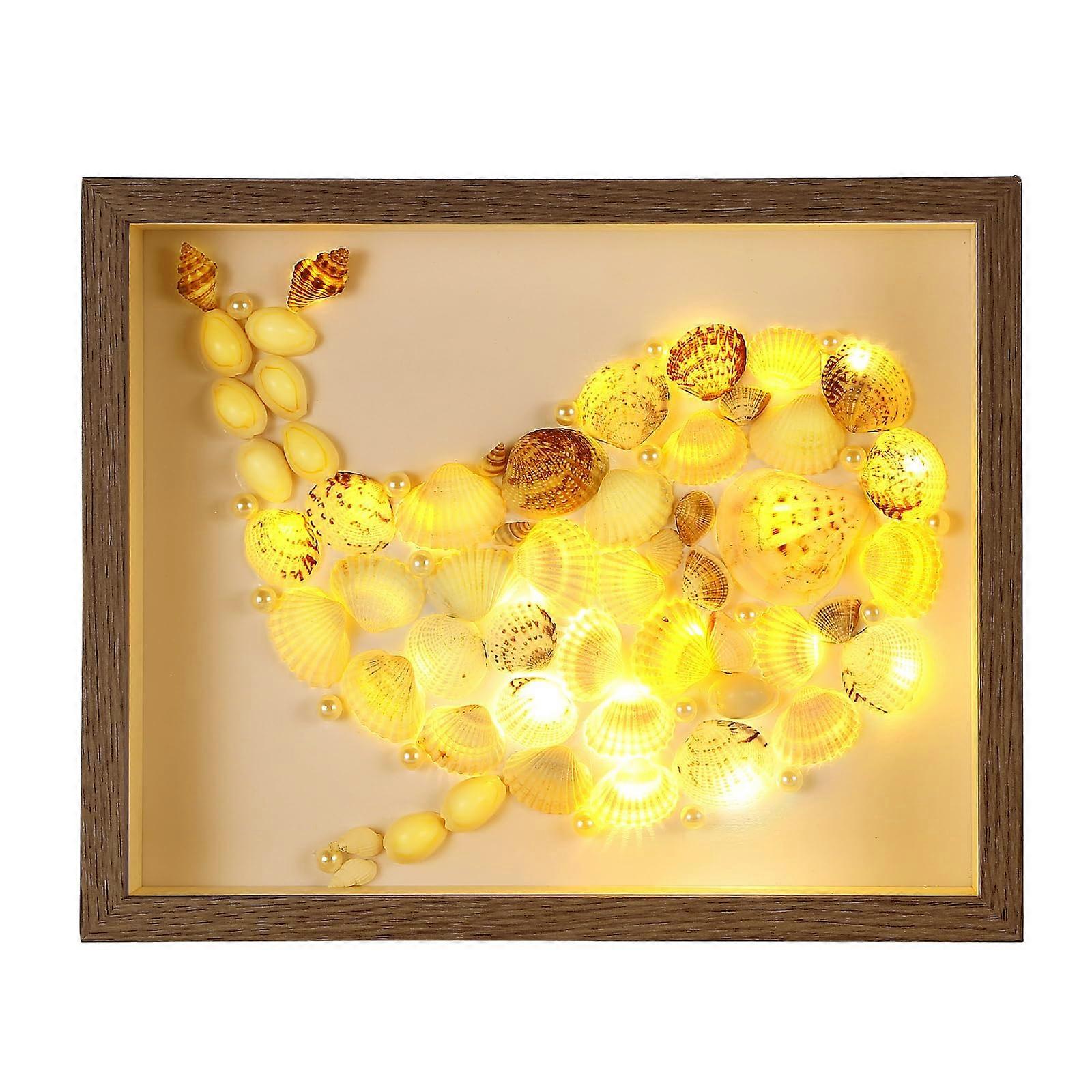 Seashell Wooden Shadow Box Frame with Fairy Lights and Pearls, 8.5x11 DIY Photo Display Night Light Whale Theme