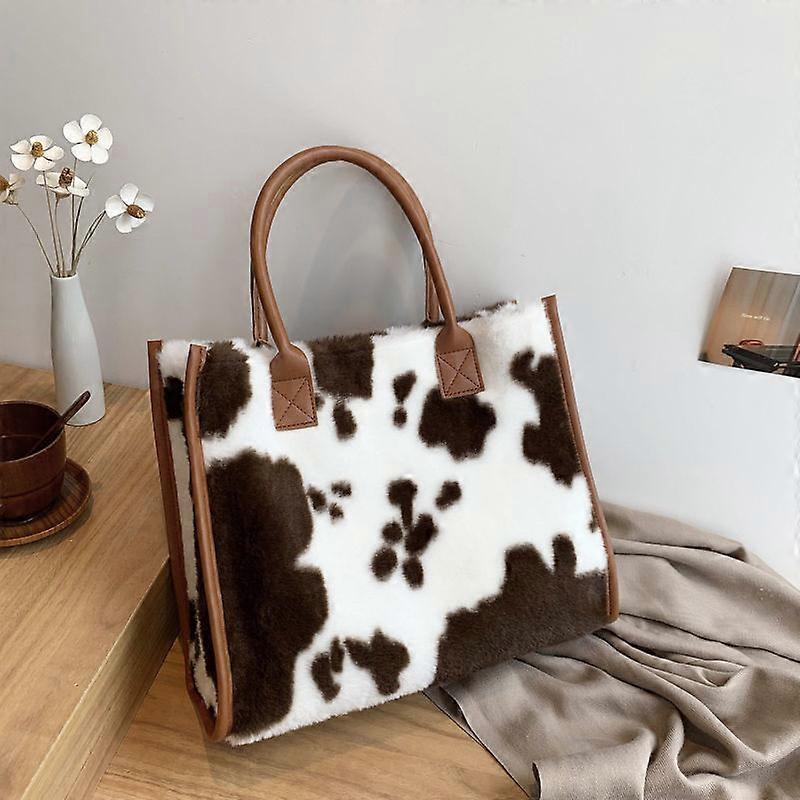 Cow Print Shoulder Bag - Soft & Cozy Winter Handbag with Adjustable Strap