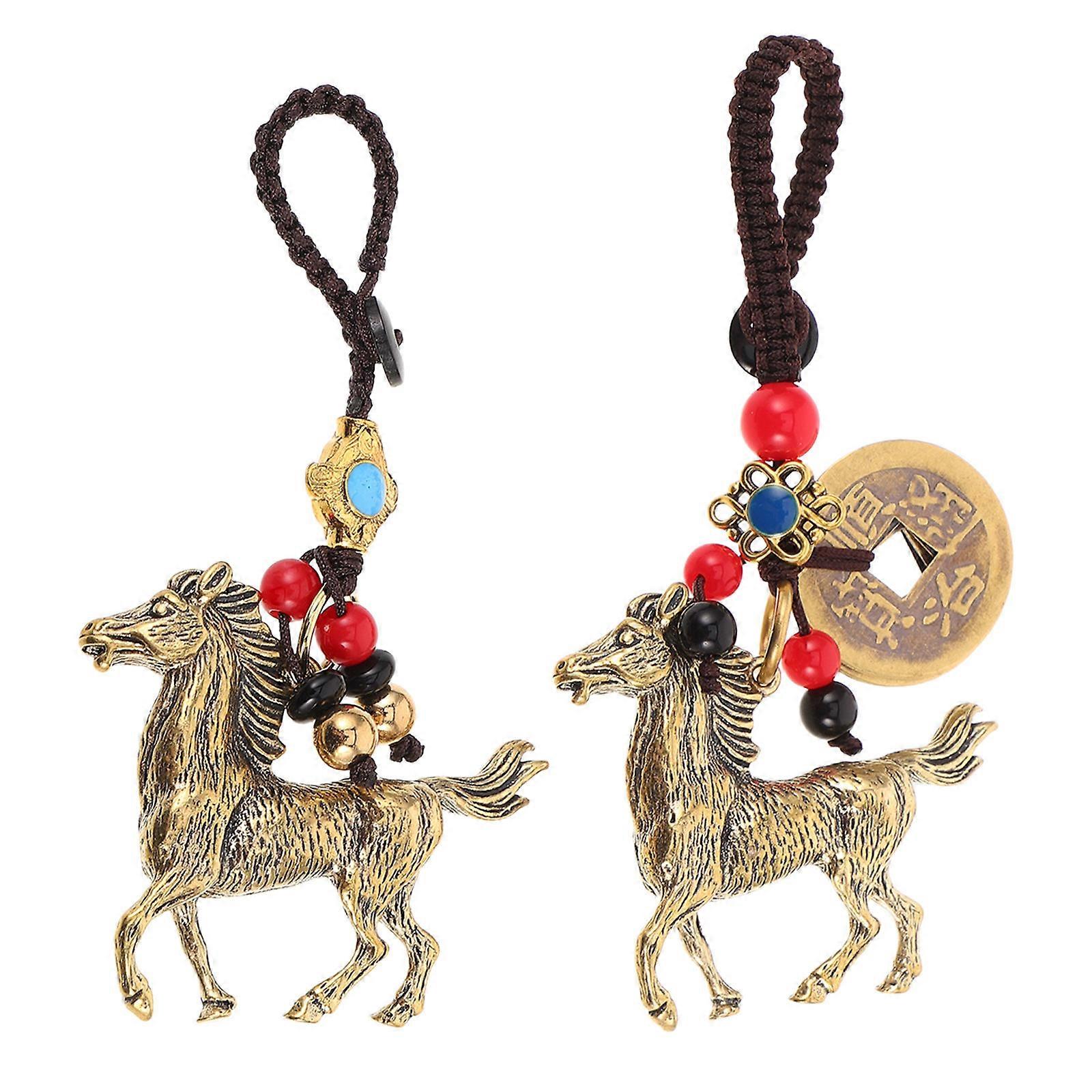 Chinese Style Horse Keychain Brass for Decoration Use 2Pcs Keyring