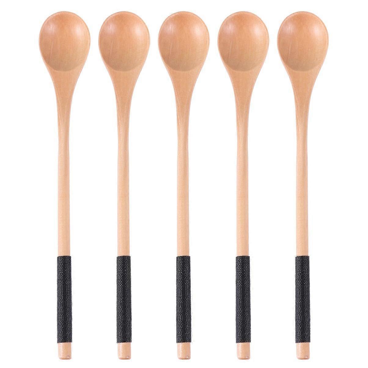 Wooden Cooking Spoons Set of 5 with Long Handles for Honey Dessert Salad Soup Mixing
