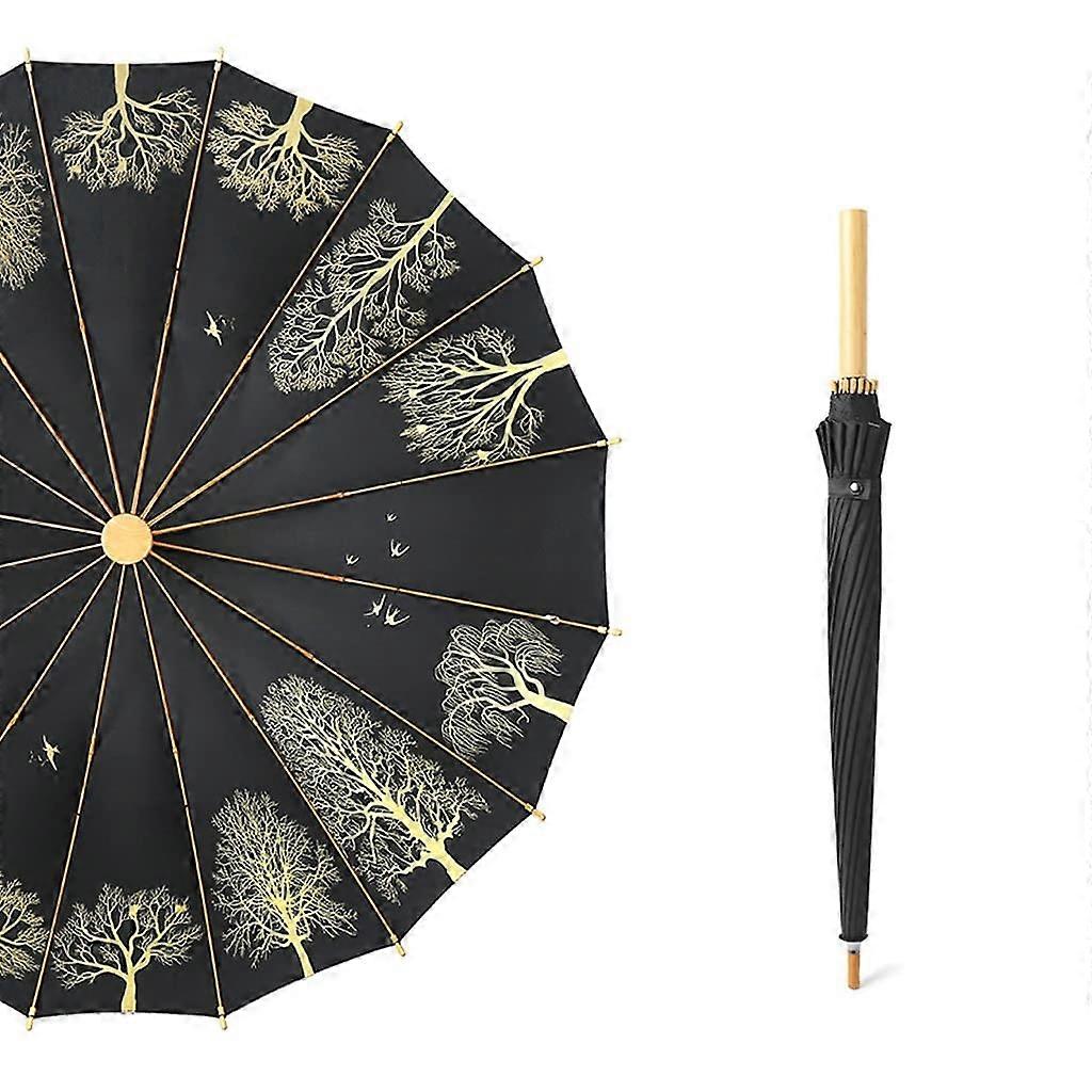 Windproof Travel Umbrella with 16 Ribs Long Handle, Chinese Style Retro Wooden Handle Design