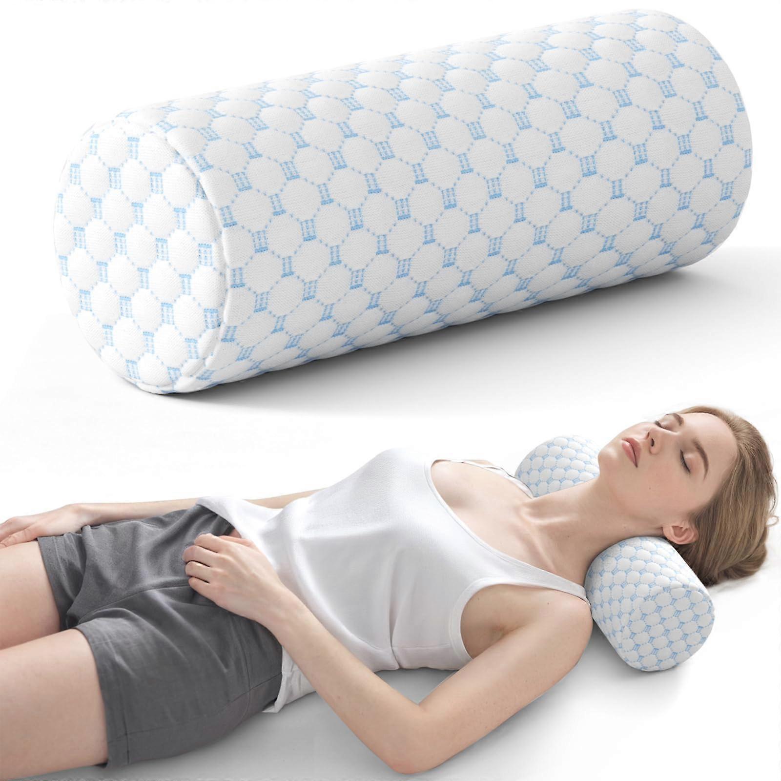 Neck Roll Pillow for Pain Relief with Cooling Ice Silk and Memory Foam Cervical Support, Cool Blue