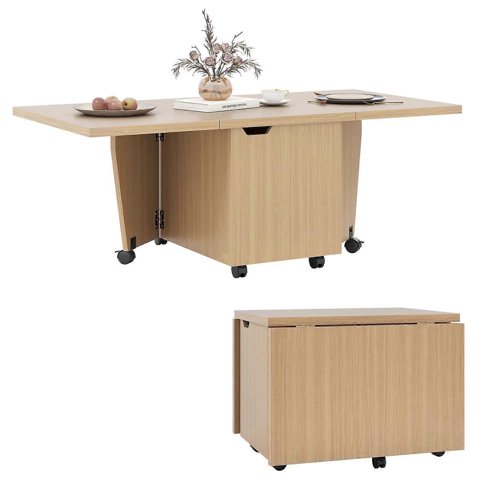 Folding Coffee Table 48 Inch Drop Leaf Extendable with Storage Cabinet and Wheels for Small Spaces Oak