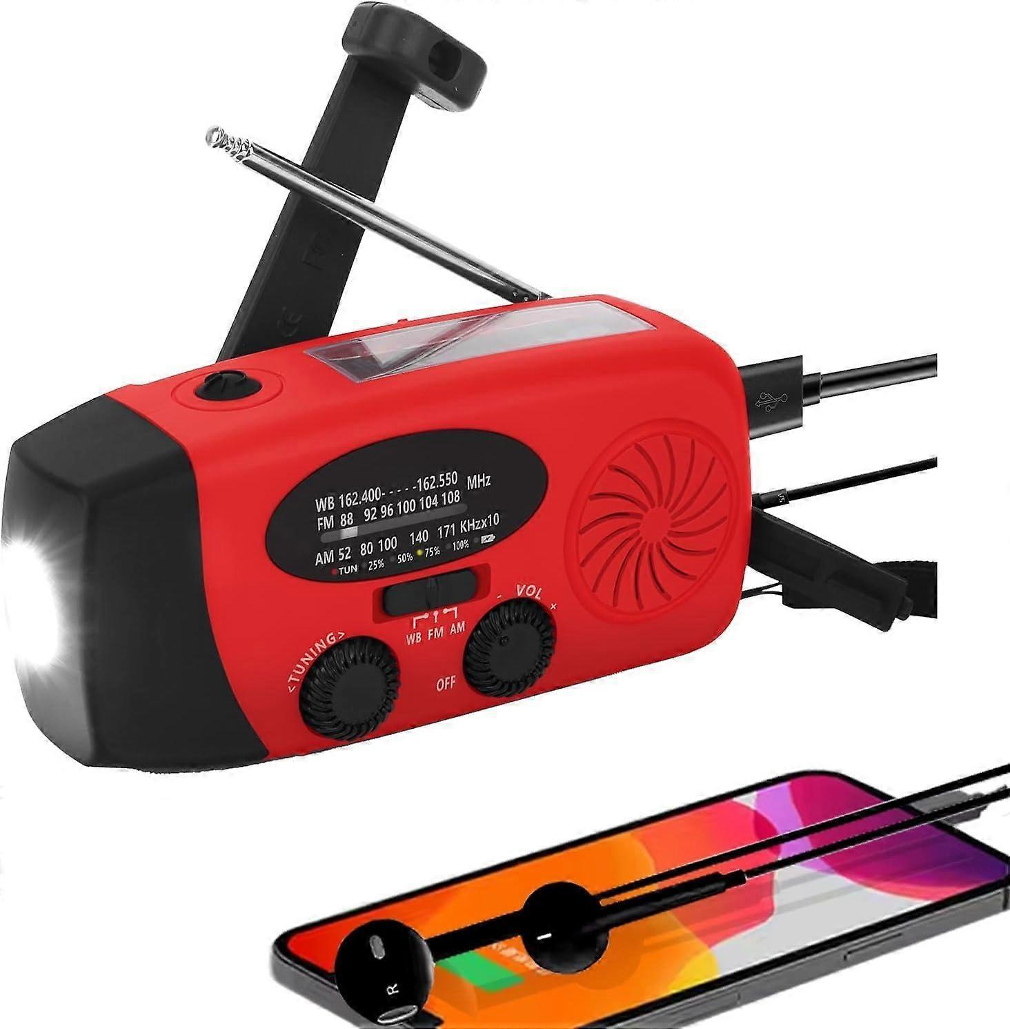 Portable Solar Radio AM/FM Weather Radio With SOS Alarm Hand Crank Dynamo USB Rechargeable Red One Size