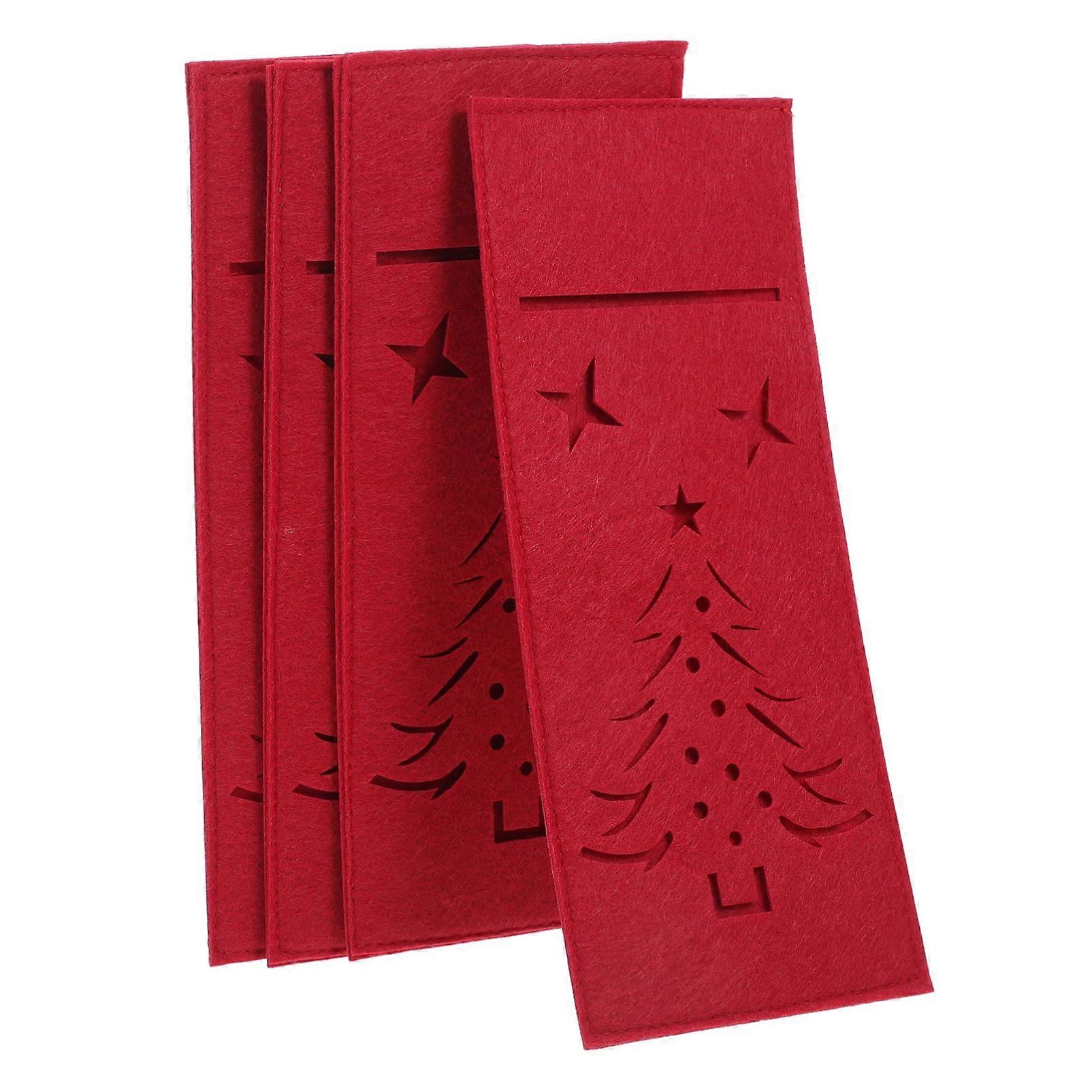 4pcs Christmas Cutlery Holders with Tree and Elk Design Felt Silverware Sleeves for Holiday Table Decor