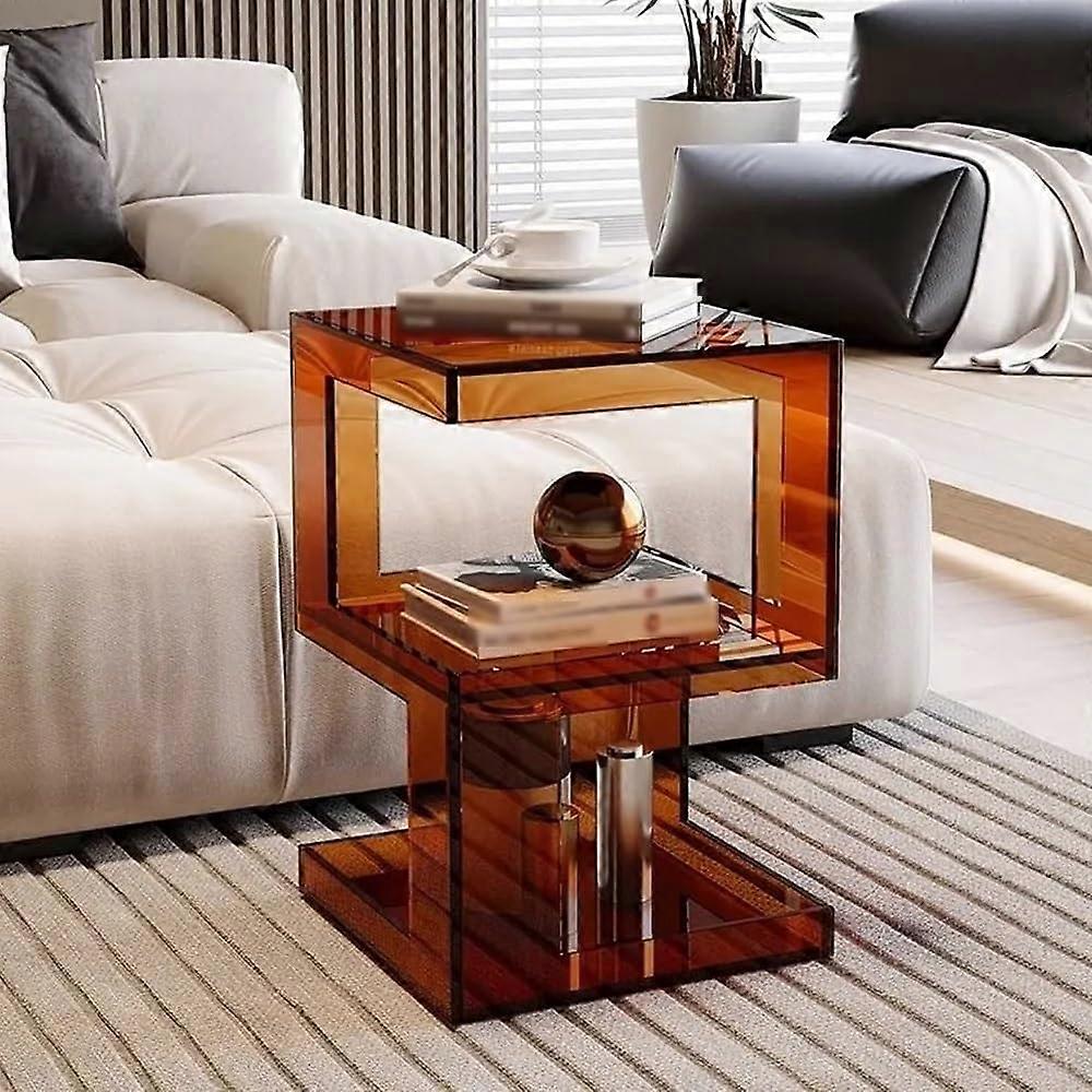Acrylic Side Table with ThreeTier Storage, Modern Clear Coffee End Table for Living Room, Brown