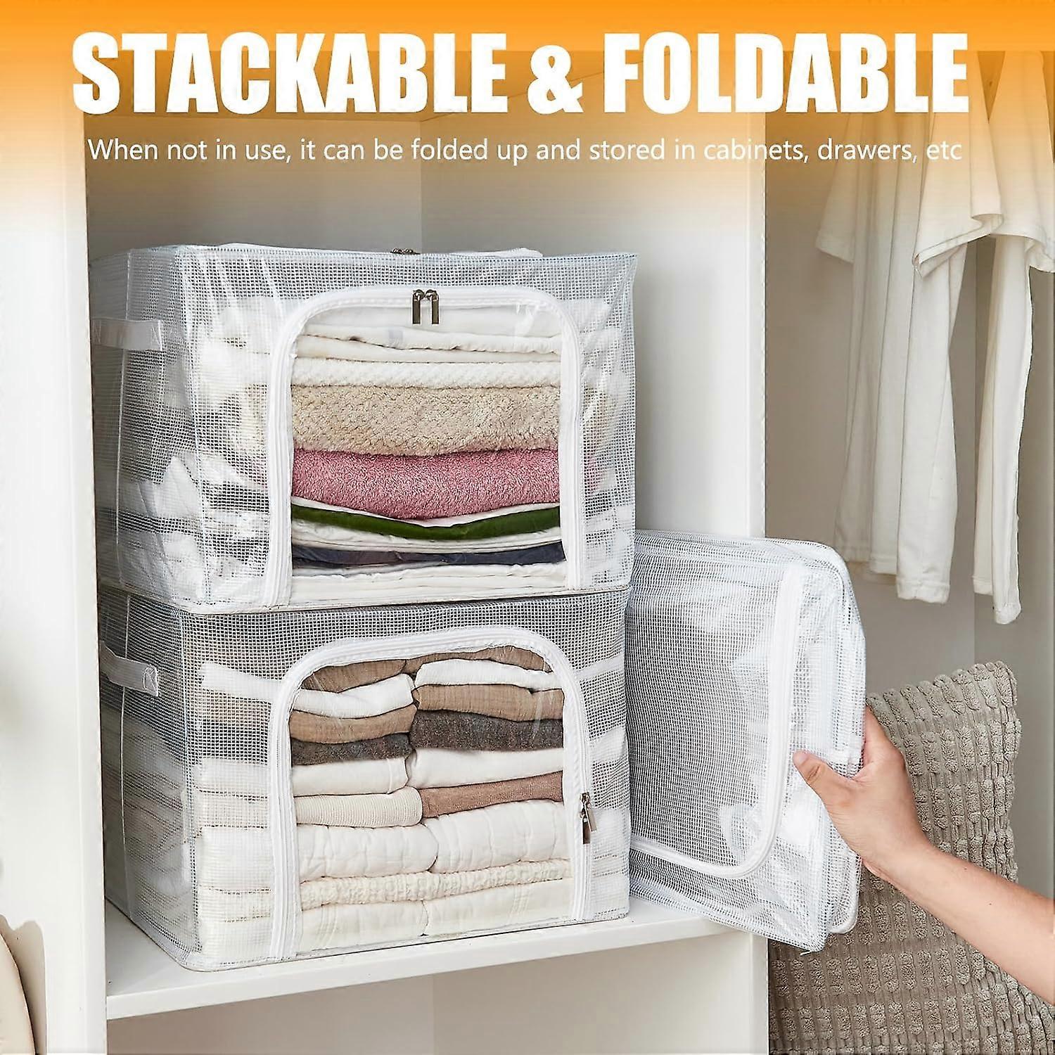 Clear Clothes Storage Bins 2 Pack with Lids, Stackable Foldable Metal Frame, Dual Zipper Closet Organizer