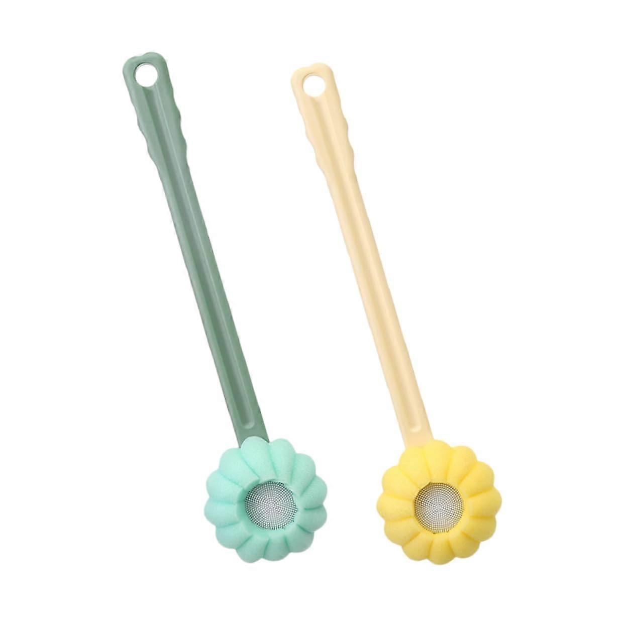 2pcs Long Handle Back Scrubber Soft Sponge Bath Brush Ergonomic Grip for Shower Yellow Green