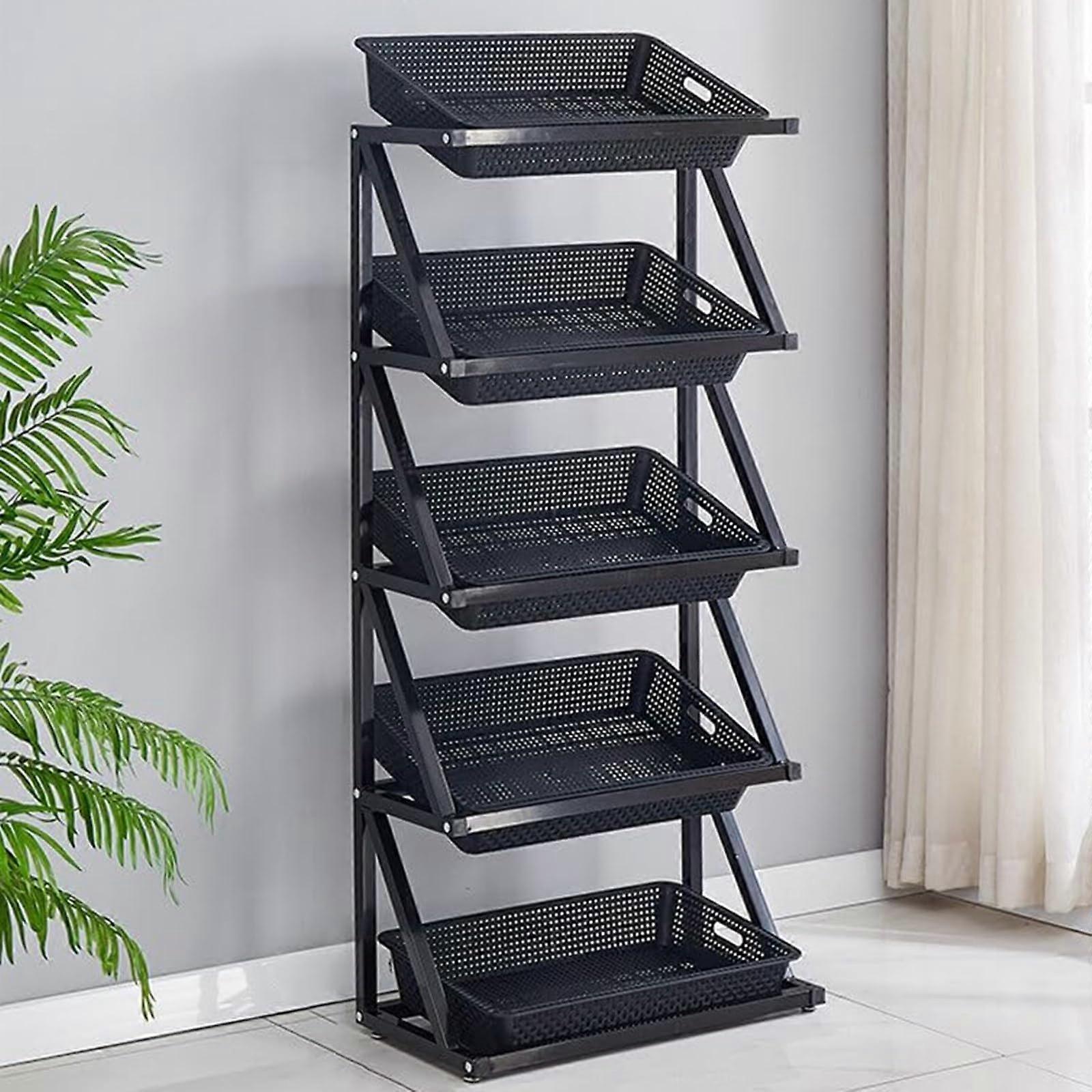 Fruit and Vegetable Display Rack, 5 Tier Black Metal Storage Stand with Large Capacity Baskets