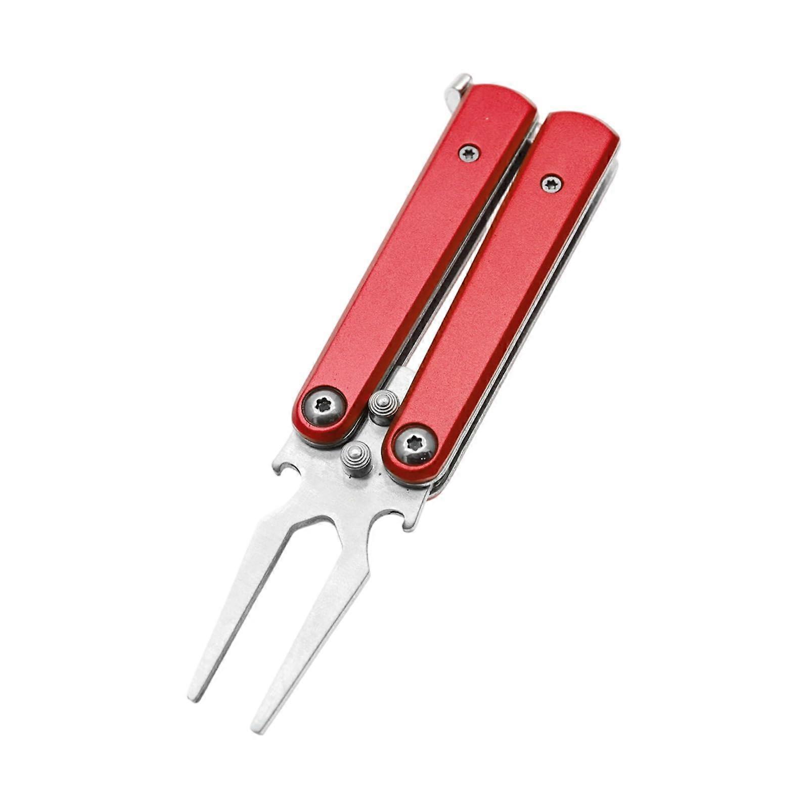 Foldable Golf Divot  Tool Stainless Steel Pitchfork for Greens Maintenance Red
