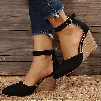 Itsun Keilsandalen mit Plateau, Damen-Keilsandalen mit geschlossener Zehenpartie und Schnallenriemen, Schwarz