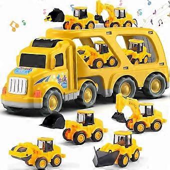 DISEN 5-in-1 Construction Truck Toy Set with Friction-Powered Carrier & 6 Mini Vehicles for Toddlers 1-5