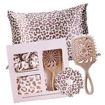 Soft Faux Leopard Print 3 In 1 Hair Brush Set with Hair Tie Pillowcase For Sensitive Scalp And Tropical Climates Multicolor