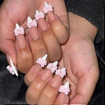 Nude Almond Press On Nails Set with Bowknot French Tips, Reusable Artificial Nail Tips for Women Party