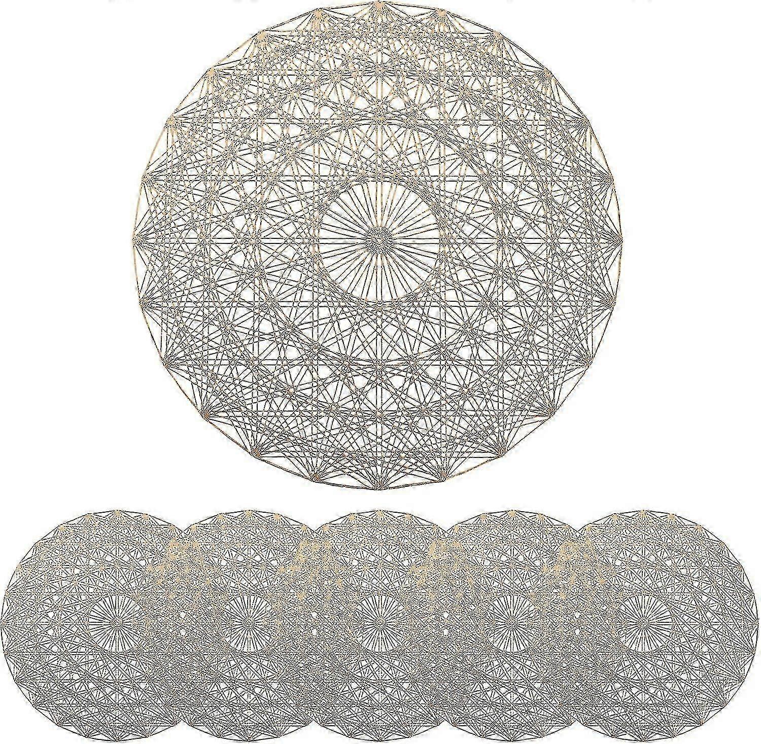 6 Pack Round Pvc Placemats,with Mandala Pattern - Gold