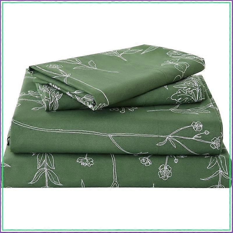 Green Floral Sheet Set Queen - Boho Rustic Pattern Bed Sheets, 4 Piece Soft Microfiber with 15" Deep Pocket Fitted Sheet