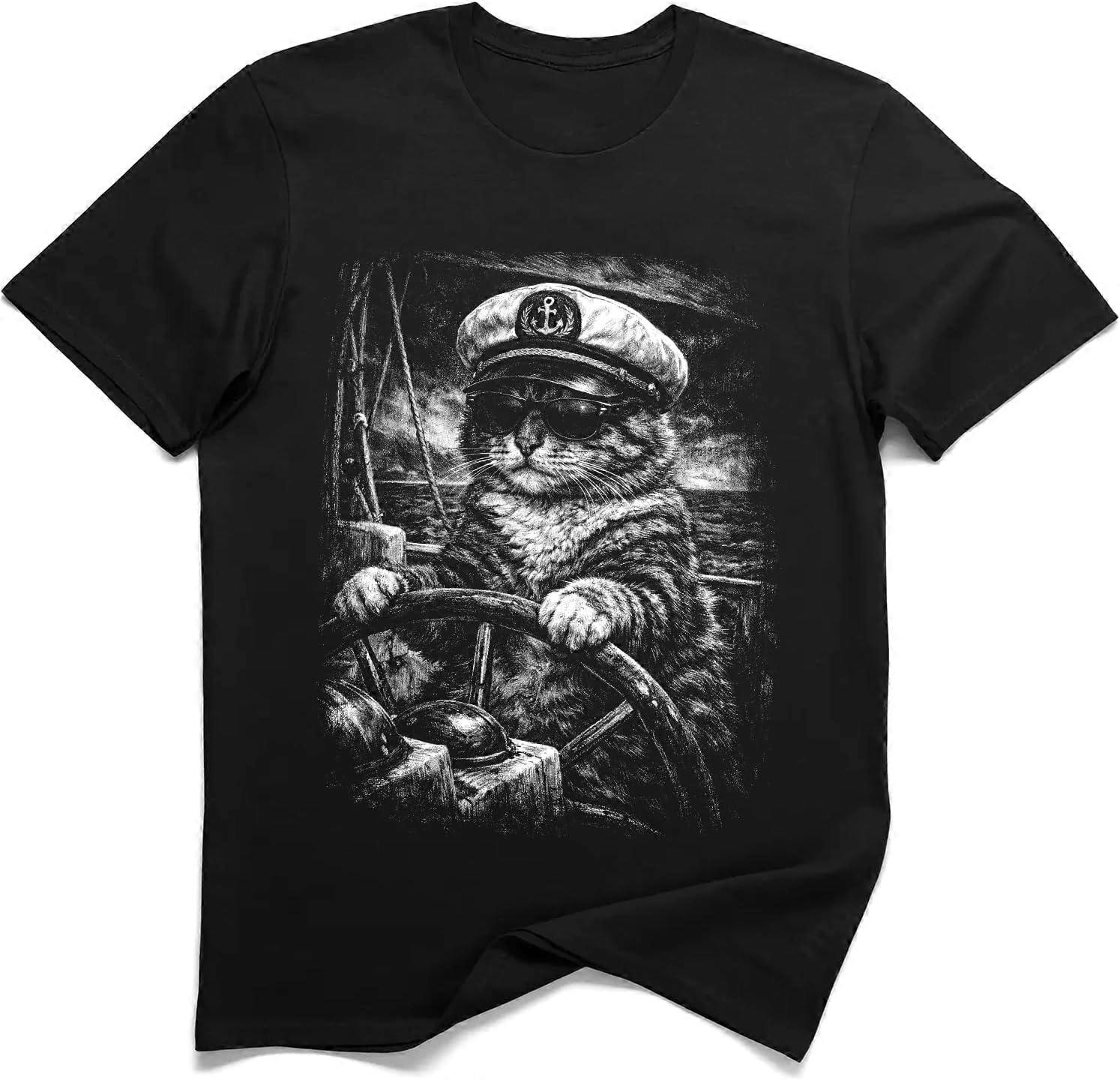 Nautical Sailor Cat Steering Ship Graphic Tee