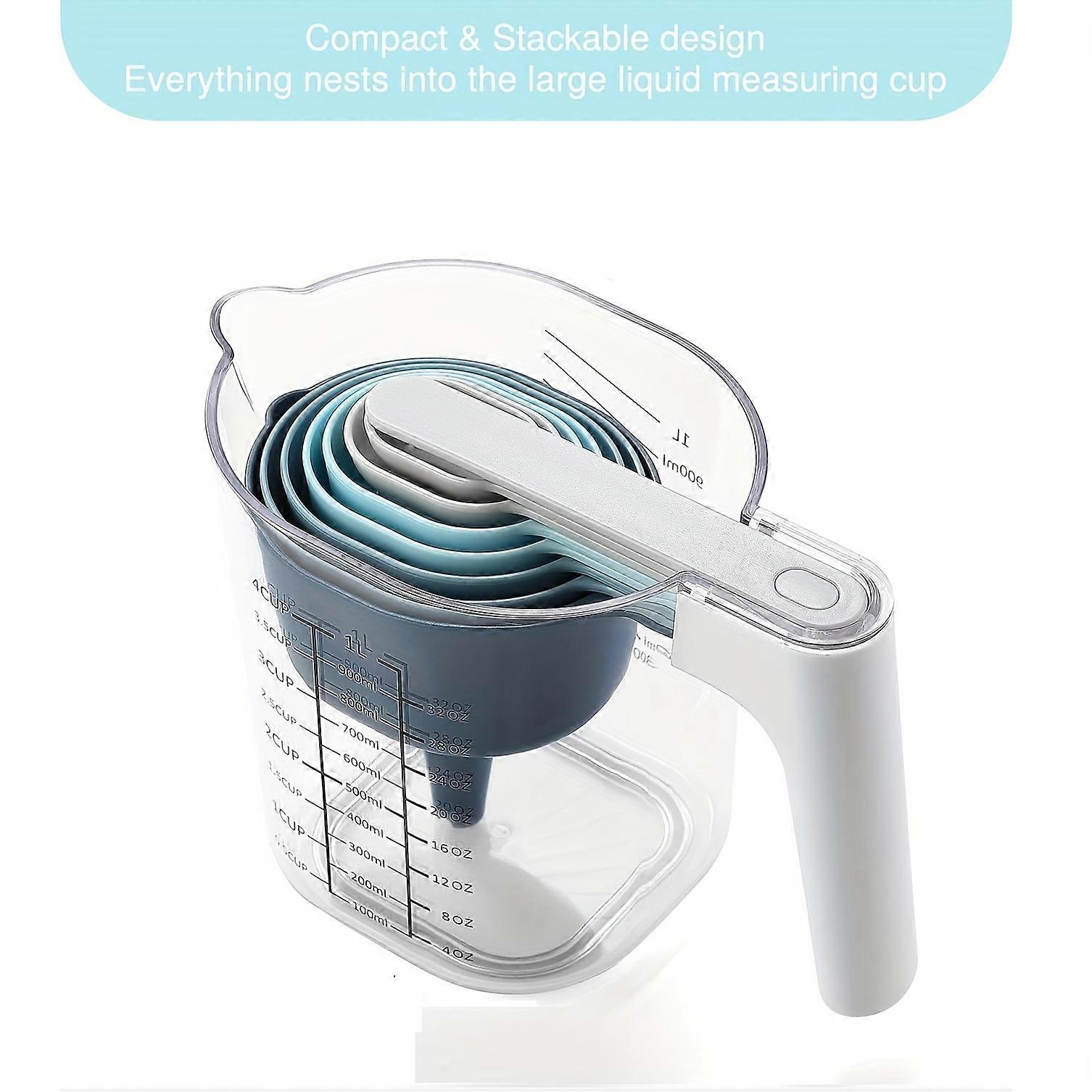 9 Measuring Cups and spoons Set BPA Free Plastic for Kitchen Cooking and Baking Stackable design Measuring Cups with Funnel for Liquid and Dry
