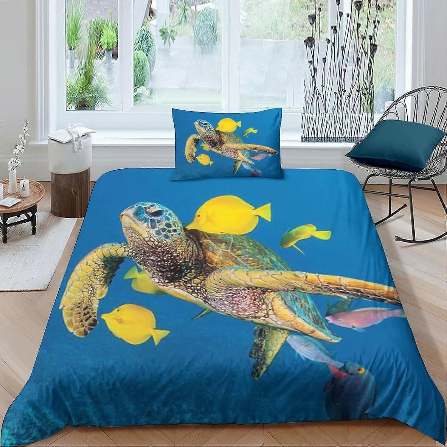 Sea Turtle Printed D-shaped Duvet Cover in Microfiber Single with Pillowcases, Bedding Set, Home Decor Pillowcases with Closure 135*200 CM