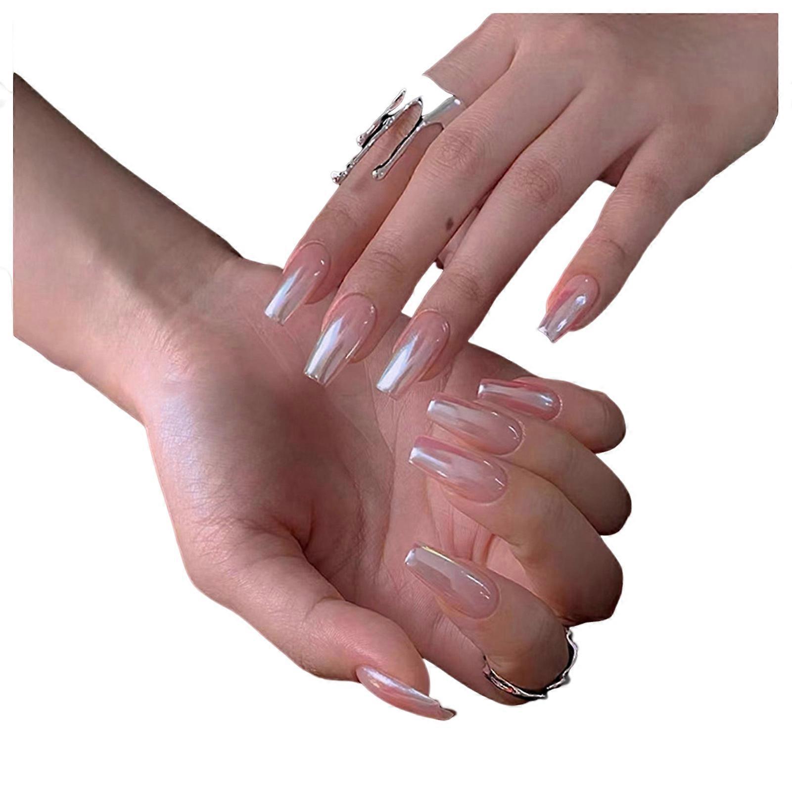 Glossy Aurora Long Sqaure False Nails Ultra-flexible Long Lasting Fake Nails for Shopping Traveling Dating