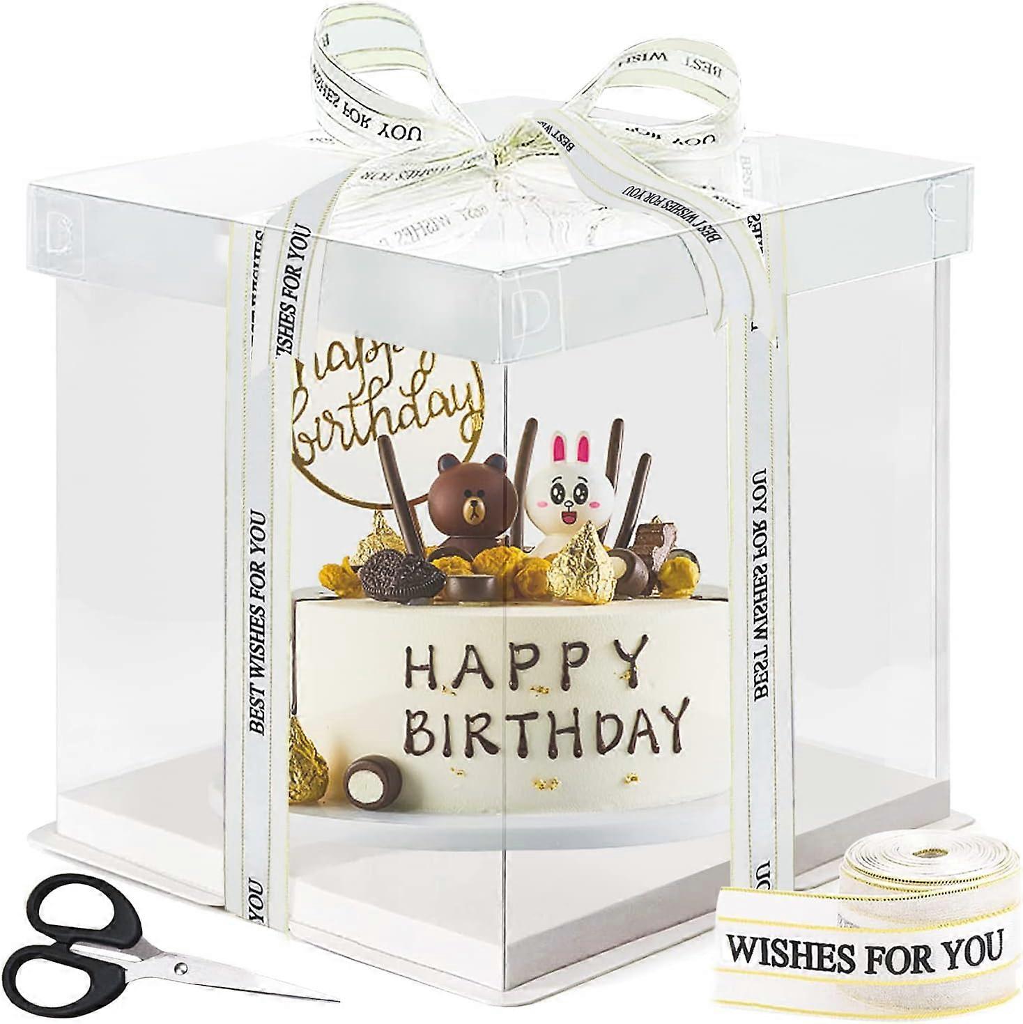 10Inch Transparent Cake Box Plastic Gift Box With Lids With Ribbon Bakery Packaging Box 30x30x25cm