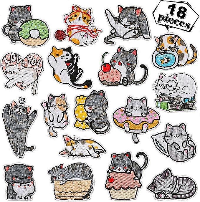 18 Pieces Embroidery Iron-on Patch, Cute Cat Pattern, Sewing Patch Applique, Embroidered Badges, Repair Holes, for Jackets Jeans Bags Skirt Hats Shir