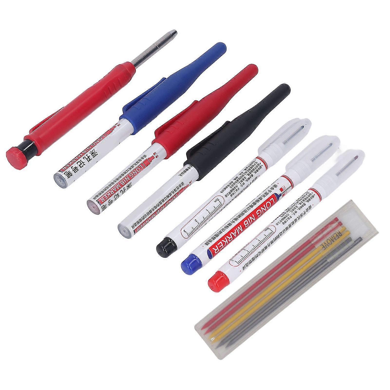 6-Piece Carpenter Pencil Marker Set with Long Nib and Sharpener Refills for Woodworking
