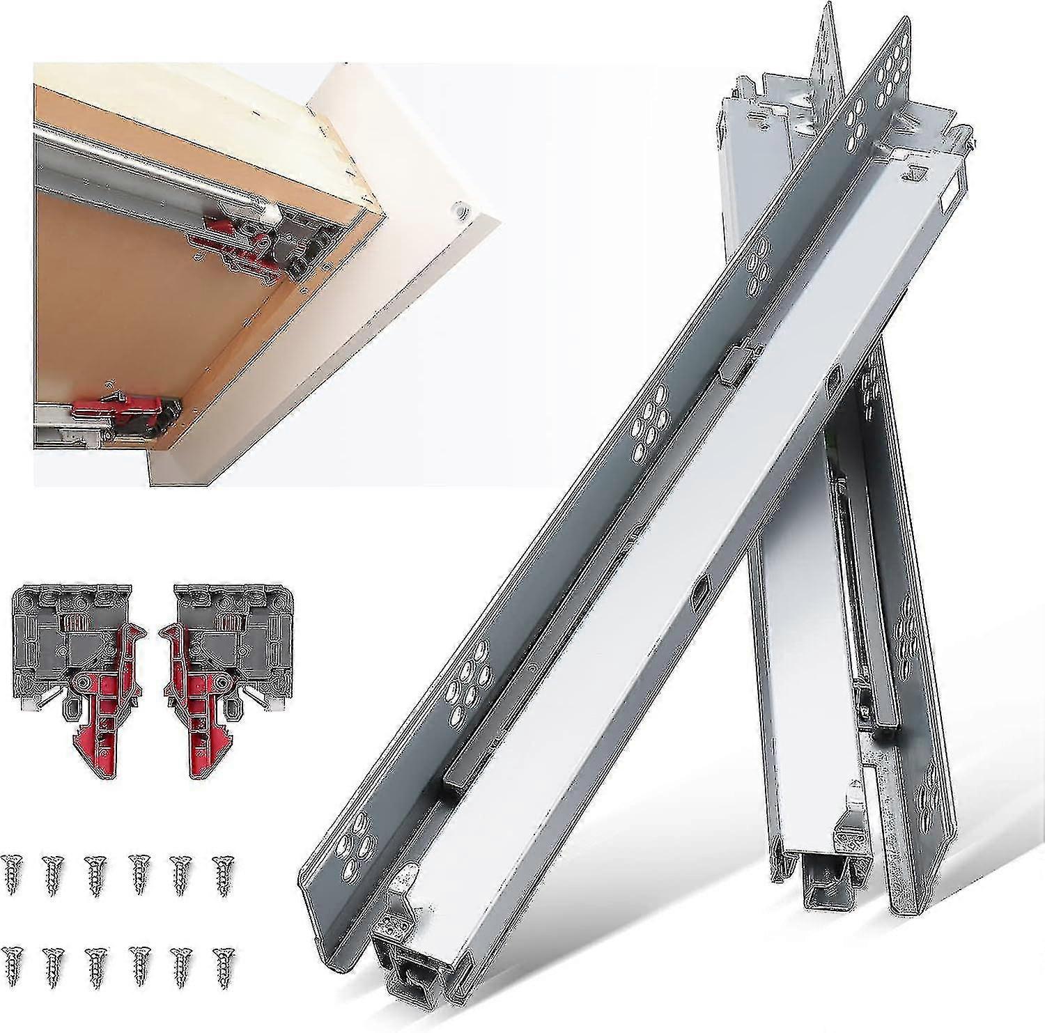 1 זוגות מגירות 18 אינץ 'מתחת להרכבה שקופיות, סגירה עצמית רכה מלאה מסילות מגירה מאריכות נסתרות מגירות נסתרות התקני נעילה מתכווננים בר הרכבה