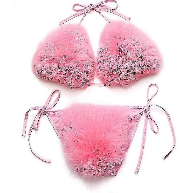 Women's Faux Fur Halter String Triangle Bikini Sets Two Piece Swimsuits