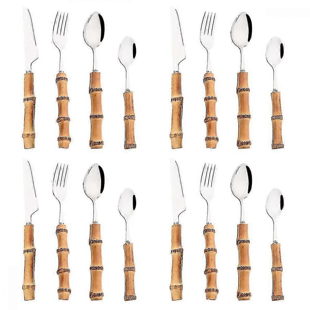 4/8/16/24stk Creative Bamboo Handle Bestik Sæt Rustfrit stål Bordservice Steak Kniv Gaffel Ske EXA