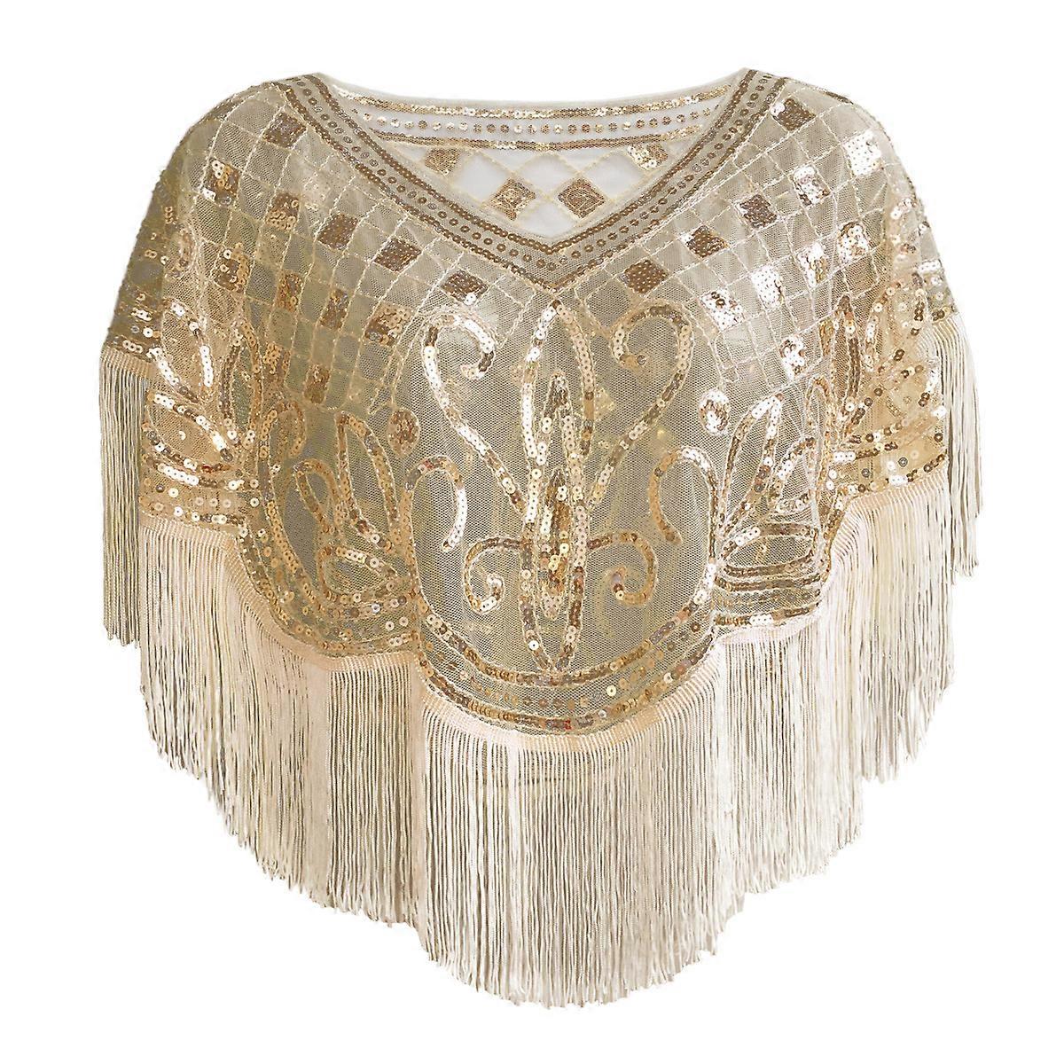 Vintage 1920s Women's Sequined Mesh Shiny Scalloped Poncho Mesh Embroidered Leaf Blouse Party Champagne Gold