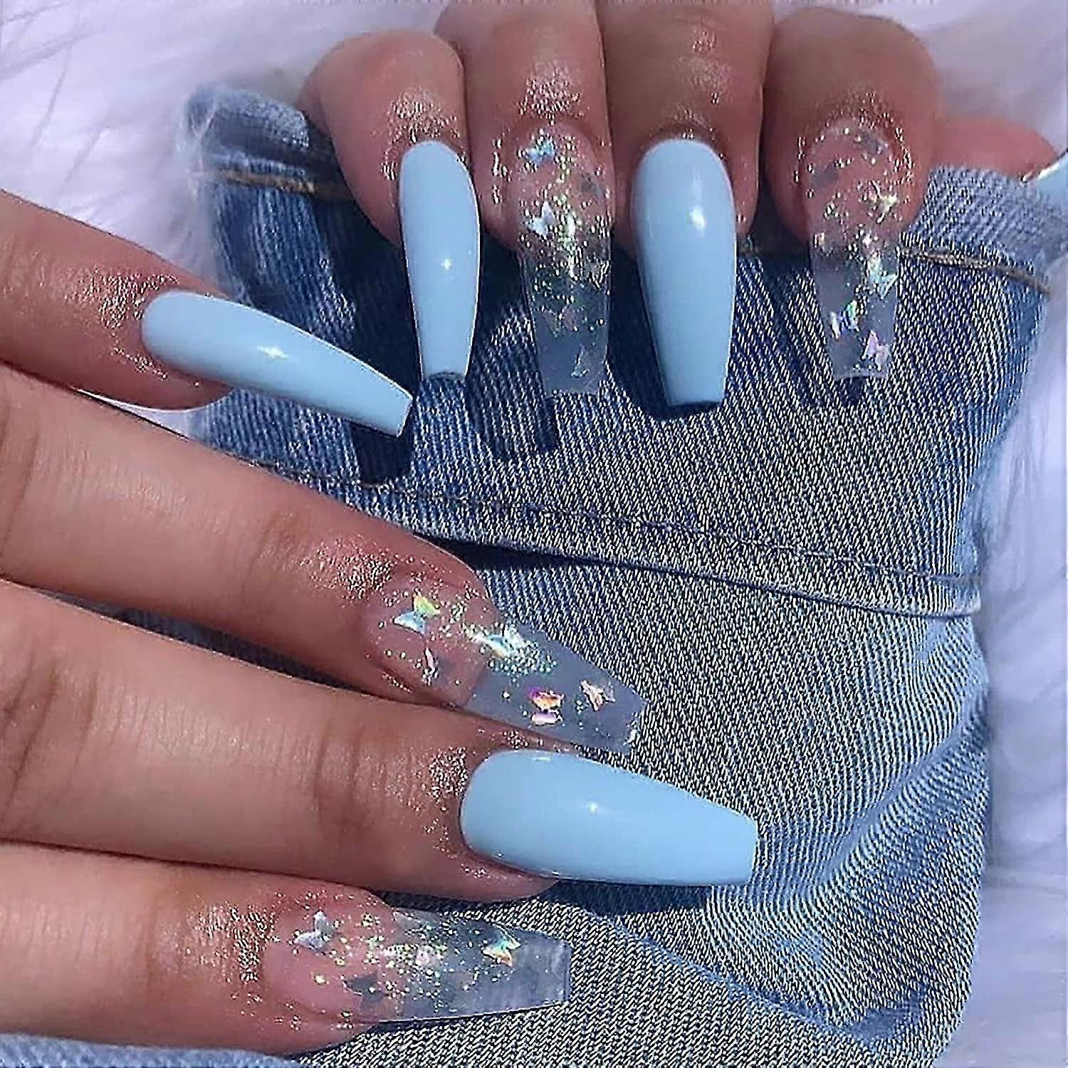 Extra Long Fake Nails Glue On Nails-blue Clear