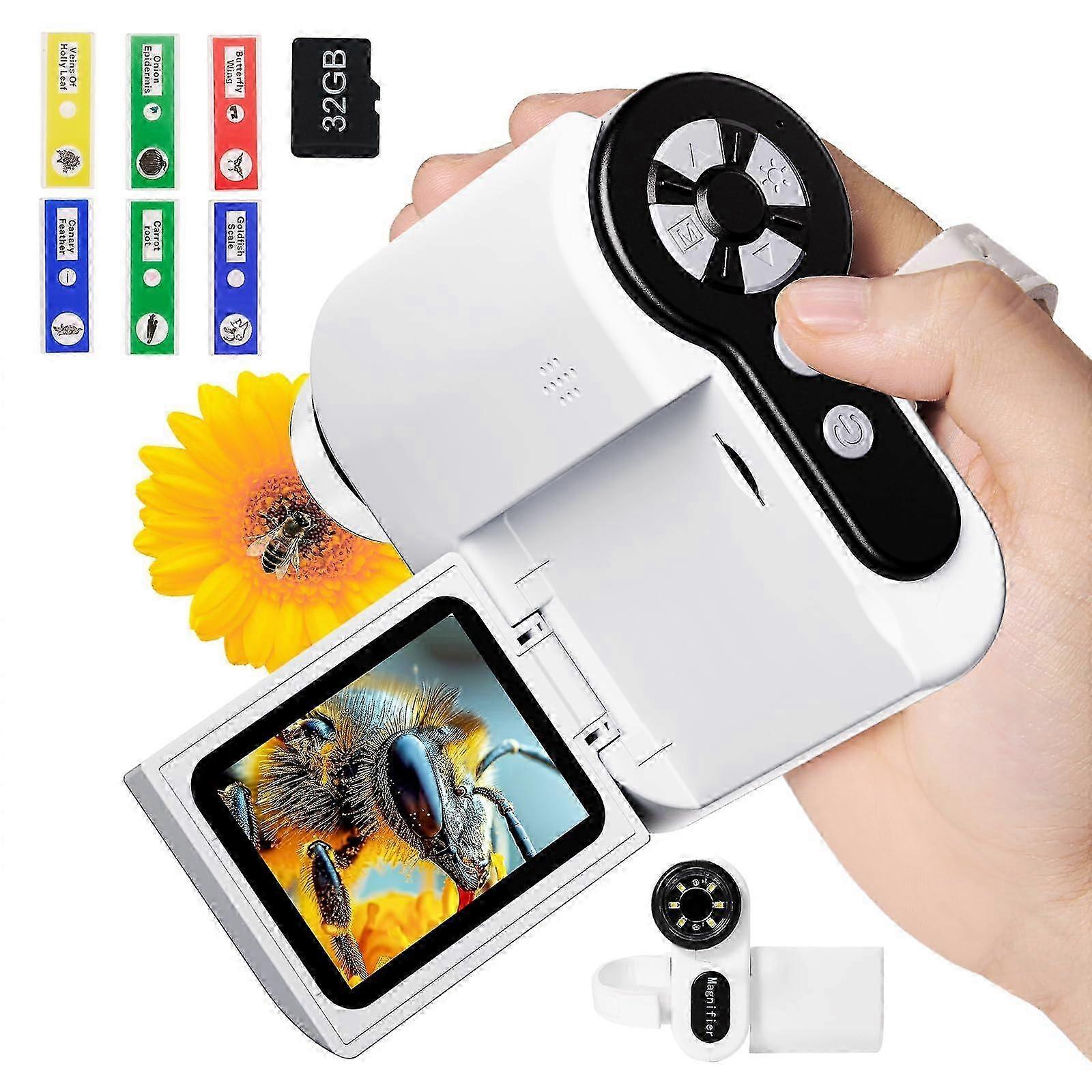 Microscope For Kids 1000x [3-in-1] 1080p Handheld Digital Microscope, Portable Pocket Microscope Miniscope, 32gb, White(FPL16)
