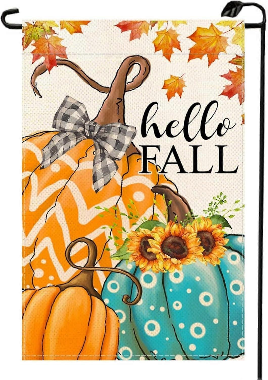 Bandeira de Jardim de Abóbora de Ação de Graças Hello Fall 12x18 Polegadas Bowknot Polka Dot Buffalo Check Plaid 