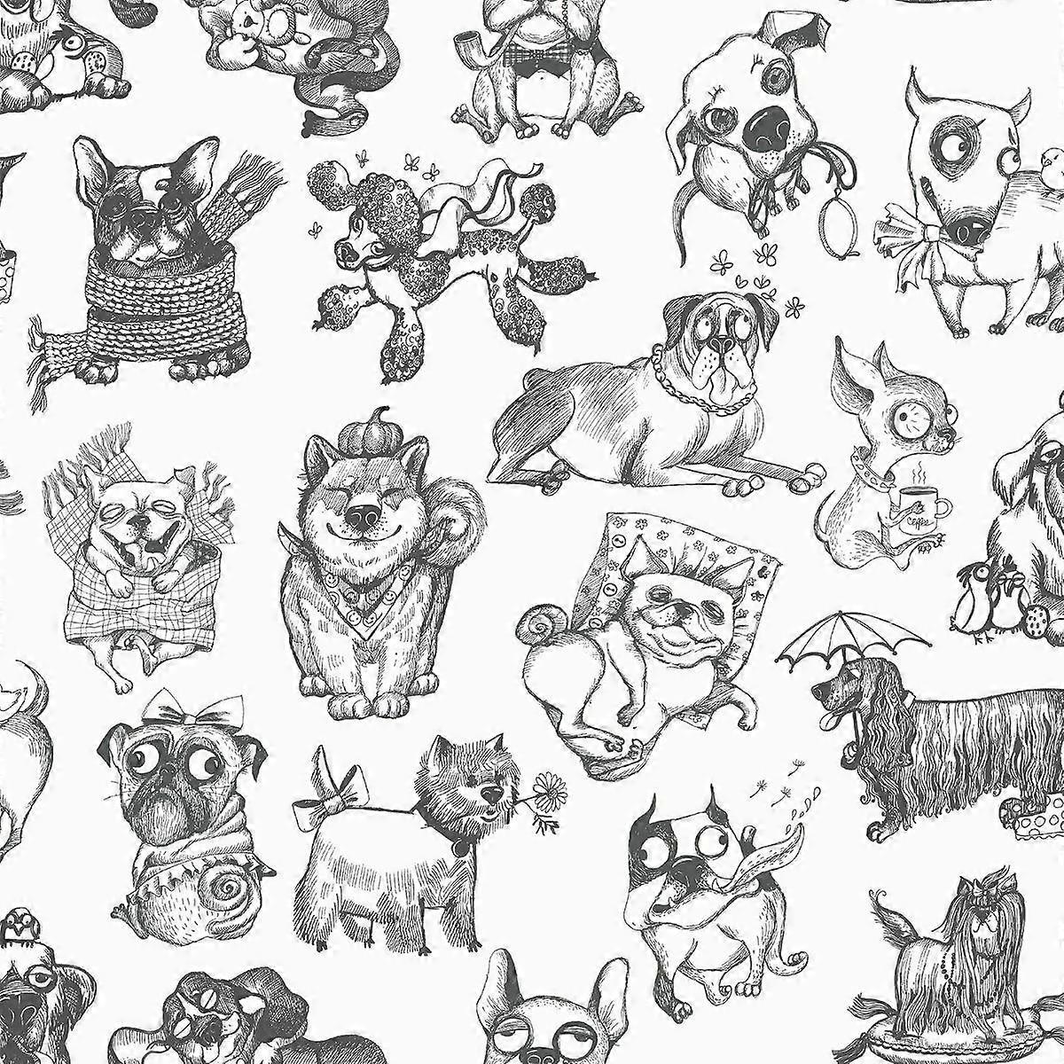 Muriva Pooches Black White Wallpaper