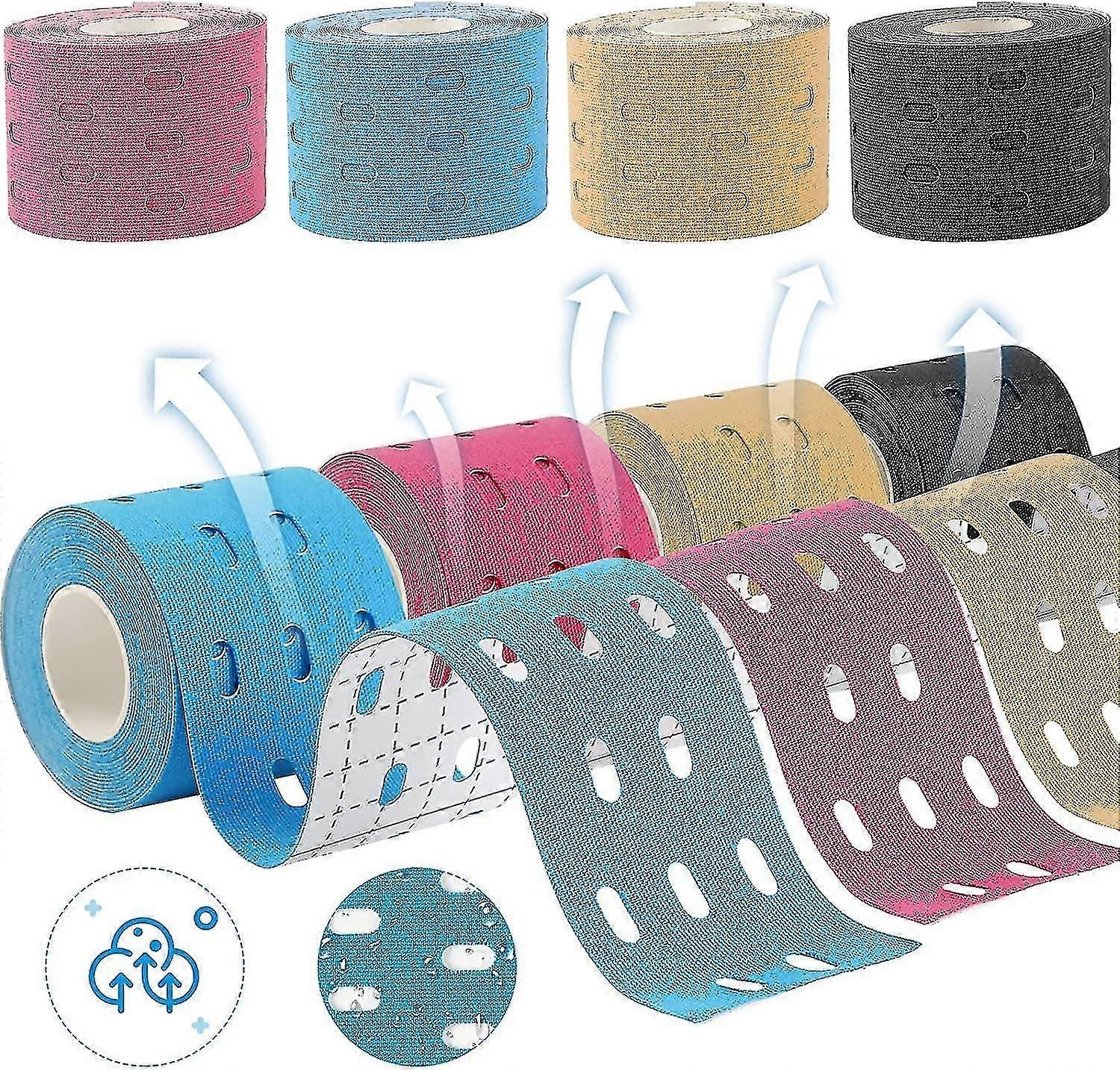 4 Rolls Kinesiology Tape, Perforated Design, Kinesiology Tape For Knees, Shoulders 5mx5cm